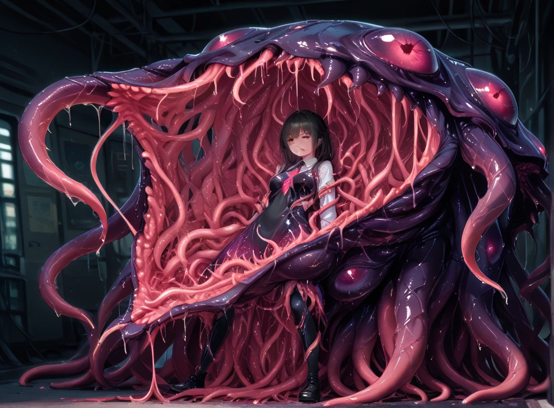 ((best quality)), ((highly detailed)), absurdres, (detailed eyes),1girl,20 years old,solo,long hair,pink hair,(((white shirt,black standart tie,black skirt))),dynamic pose, cowboy shot, (((scylla))), (((octopus girl))), standing, (tentacles:1.33), (suction cups:1.33), (fused:1.33), ((tentacle legs)), squidlegs, ((underwater,sea, aurora,night)),leaning forward, serious,cute,reaching out