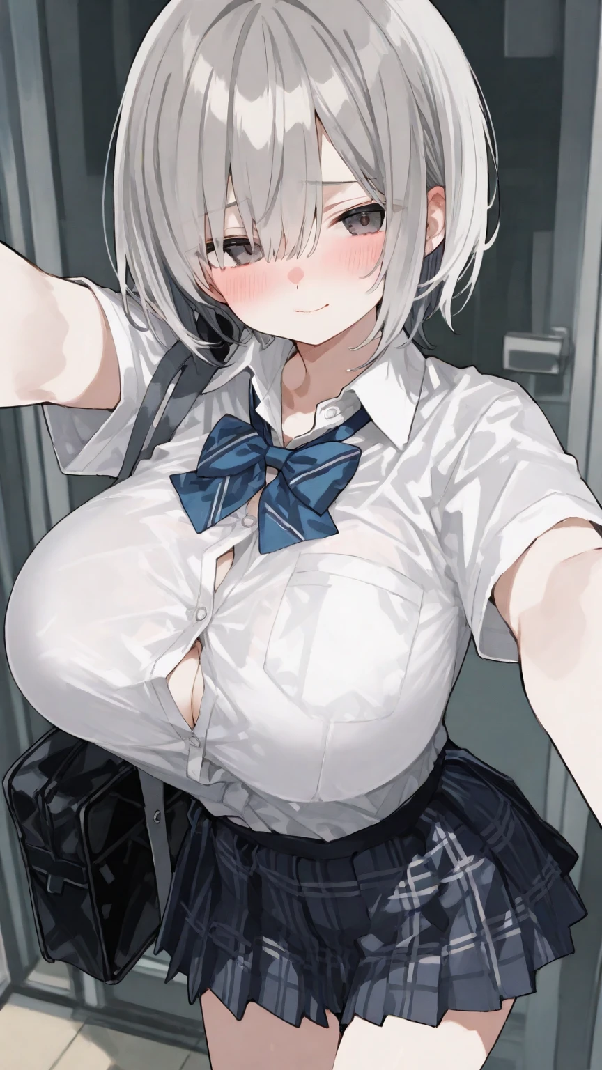 (Ultra-high resolution,masterpiece, Attention to detail, Highest quality), 4K,(Silver braided short bob),(well endowed,Captivating body、Ultra-detailed skin、Beautiful eyes、Detailed Background),1girl, (?????? press,Transparent glass,Place your hands on the glass、Put your cheek against the glass:1.5)