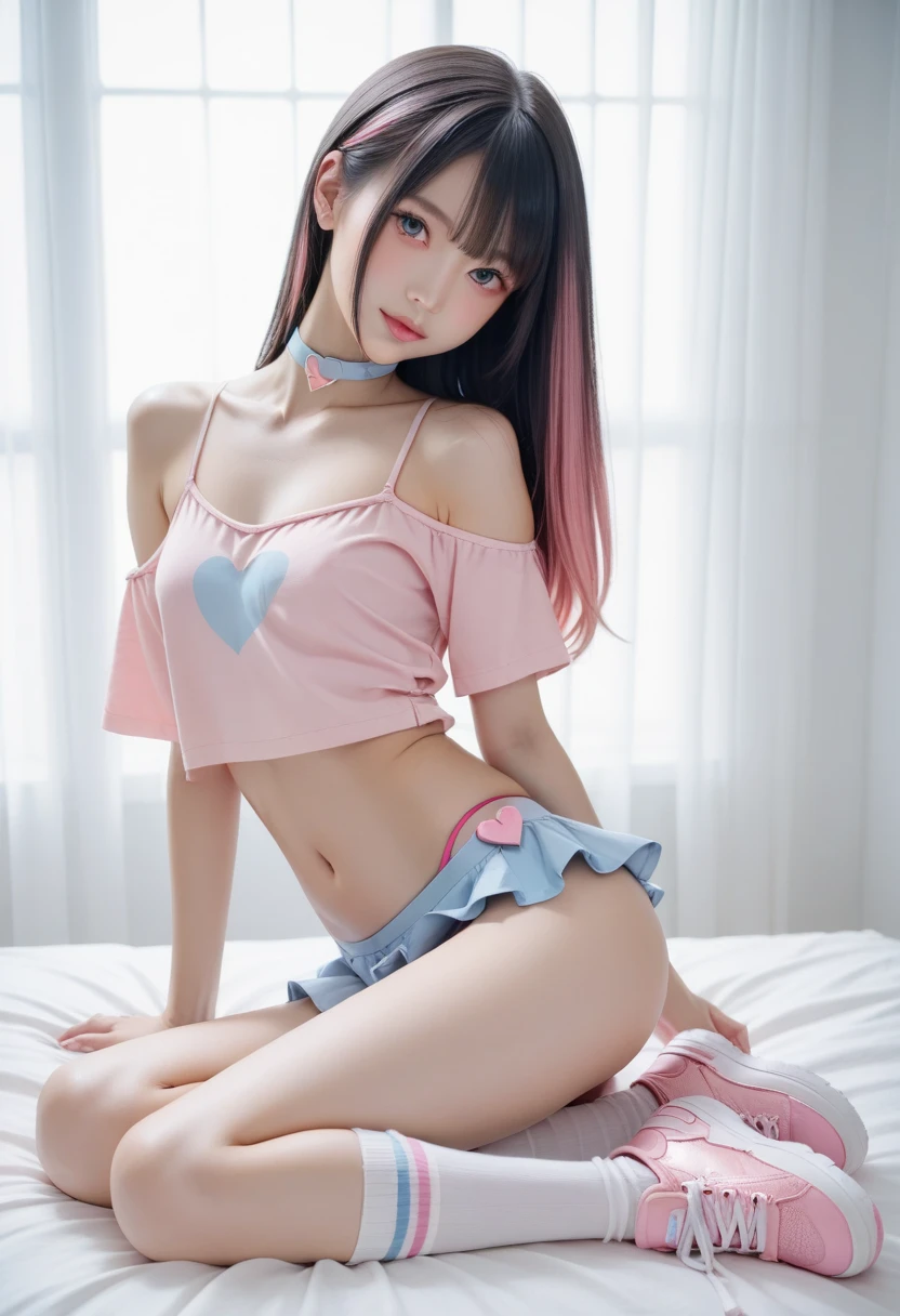 ????? and only the skirt is fully worn、Wear only a white short pleated skirt、????????????? panties 、????????????? panties 、????????????、No panties、No panties、No panties、No shorts、????????????? panties 、bottom less、????????????、White short pleated skirt、White pleated skirt、Stand kneeling、Pubic area visible、Local Visibility、Show inside the skirt、8Ｋ、top-quality, 超A high resolution, The whole body is very beautiful 、?????、beautiful and delicate face, Big beautiful eyes、Raise the corners of your mouth、A smile、????????????, highly detailed back ground, Very realistic skin,、Oriental features、(??????)、((witheout panties))、(Seductive ????????? pose)、Beautiful pubic area、Slippery pubic area、Aura with a sense of transparency、Perfect Style、((Hair with colored mesh:1.2))、(Colorful colored hair:1.3)、cute little、pubic detail、pubic detail、