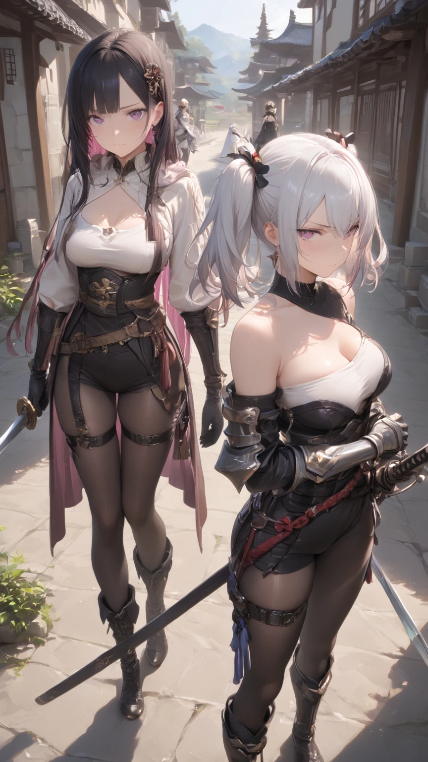 masterpiece, best quality, Mature women,, gray hair, Long Hair Flying，fantasy, middle Ages, On the war zone, dynamic poses, Beautiful and detailed light，black corset，White ，Lace ，Golden eyes，There are blue sword lights all around，silence，fist to the sky with right hand