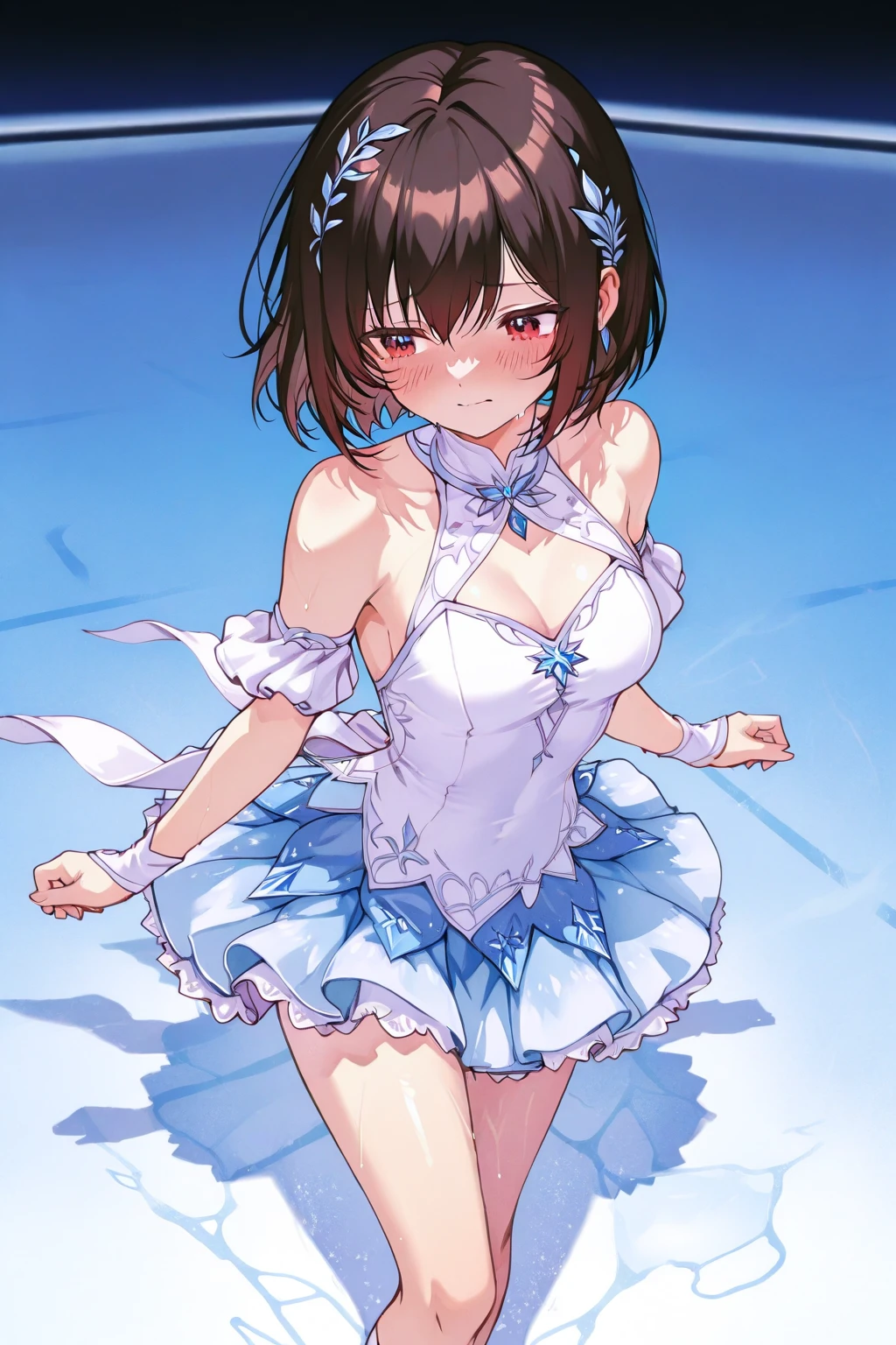 top-quality、extremely delicate and beautiful、Soio、Soio、8-year-old little girl、japanes、Lori、Chiquita、elementary student、A dark-haired、((white and blue leotard))、（highleg）、Tiara on the head、A smile、is standing、Facing the front、