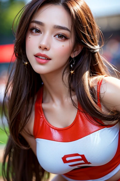 1girl, solo, looking at viewer, makeup, sun, mid day, (realistic:1.2), (realism), (masterpiece:1.2), (best quality), (ultra detailed), (8k, 4k, intricate),(full-body-shot:1), (85mm),light particles, lighting, (highly detailed:1.2),(detailed face:1.2), (gradients), sfw, colorful,(detailed eyes:1.2)(detailed background),detailed, (dynamic angle:1.2), (dynamic pose:1.2), (rule of third_composition:1.3), (Line of action:1.2).  Ponytail, wearing red tennis dress, grass tennis court background, standing,  with the camera, large , , full body shot