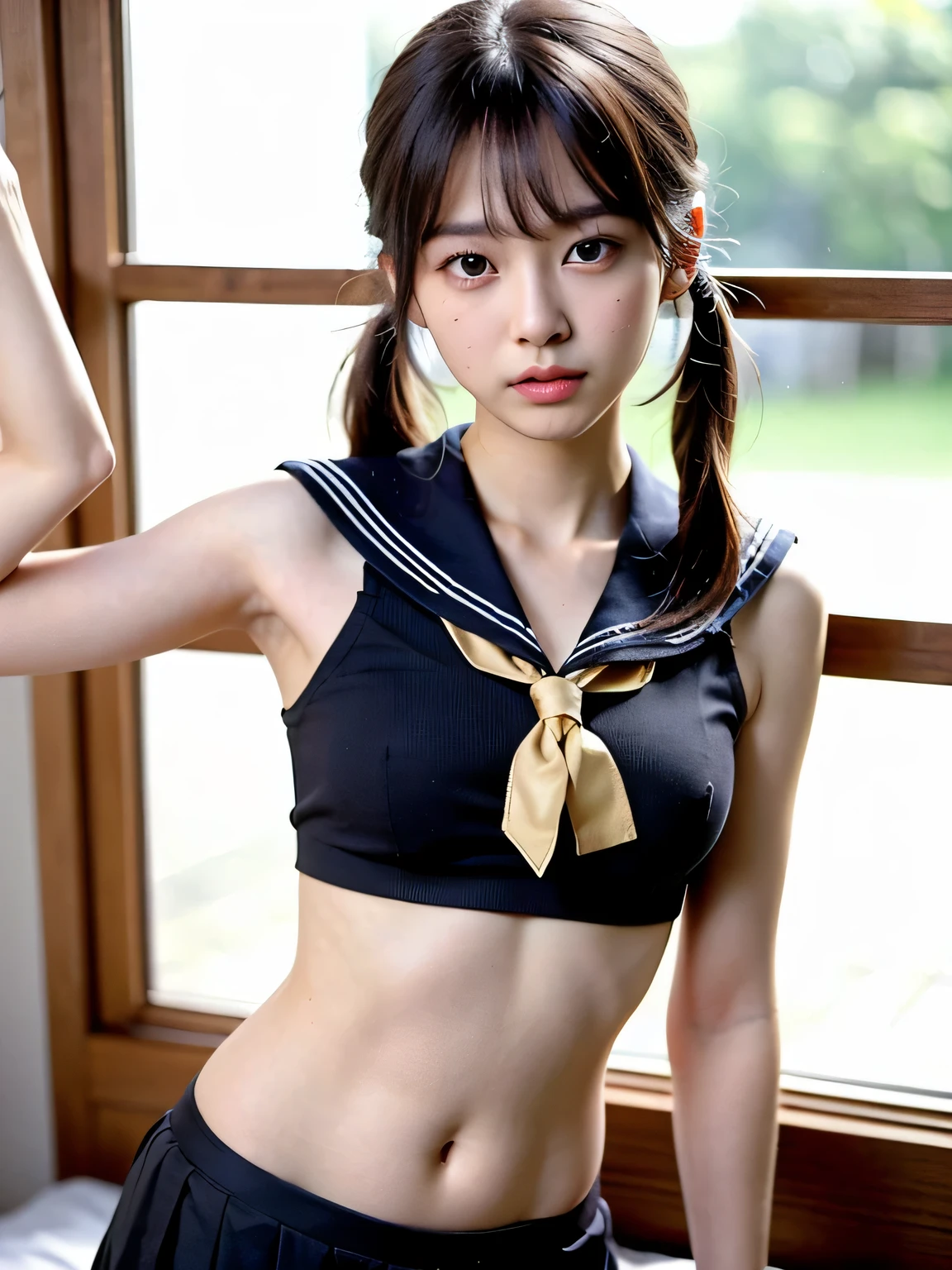 Highest quality, RAW Photos, Realistic, face, Incredibly ridiculously beautiful girl, cute, Long Hair, Depth of written boundary, High resolution, 超detailed, detailed, Very detaileded, extremely detaileded eye and face, Sharp pupils, Realistic students, Sharp focus, Cinema Lighting, flat breasts, small breasts, small,( small bust: 1.2), small bust, (slim, small, flat, small), thin, Delicate and sexy collarbone, (Sailor suit:1.2), (Lifting Sailor suit to show off a small white :1.5)))、