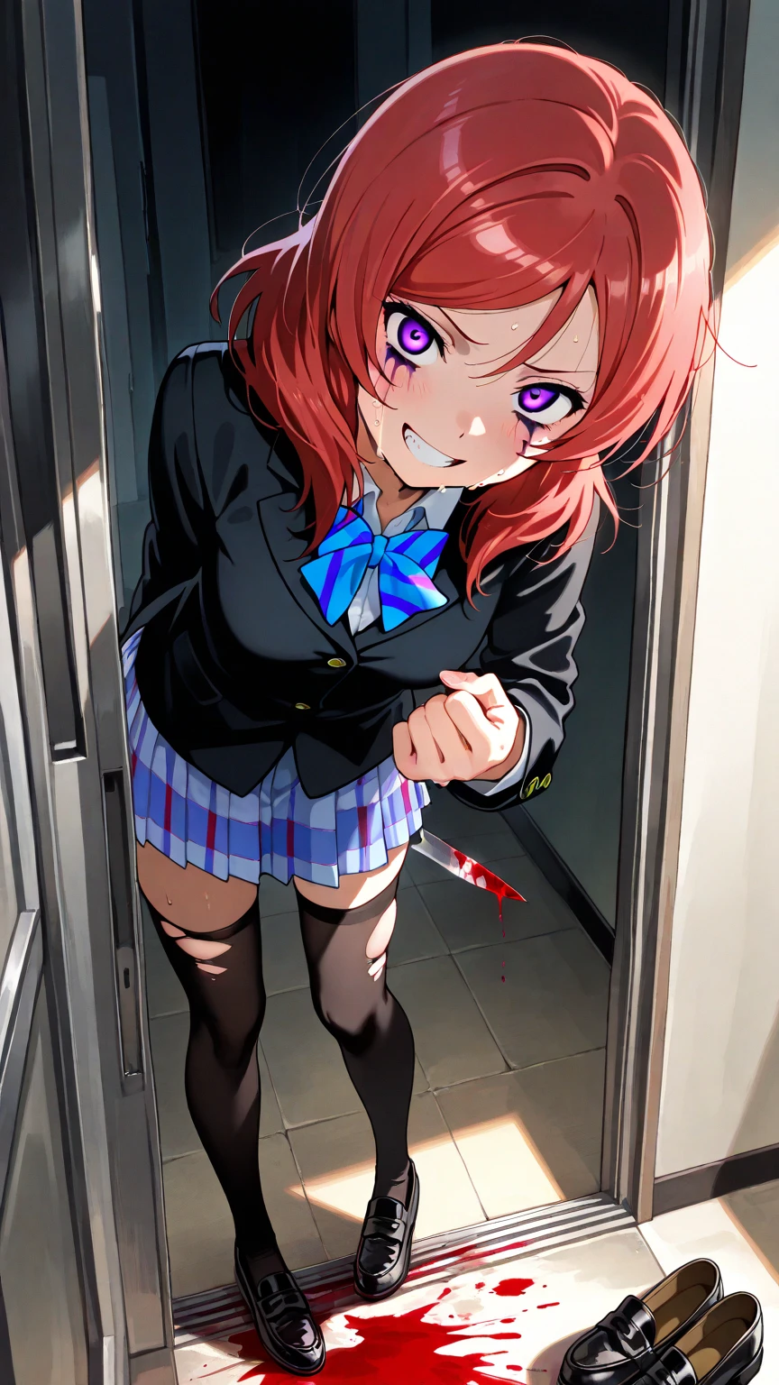 masterpiece, best quality, anime, highly detailed, 1girl, solo, school uniform, classroom, monika, green eyes, brown hair, very long hair, ponytail, hair ribbon, white ribbon, gagged, bound, tied on the floor, kidnapped, , full body view