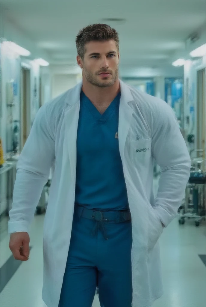 Masterpiece, denoise, void noise, one man, best quality, 8k resolution, male focus, focus only, amazing composition, volumetric lighting, super quality, elegant, Very detailed, front view, facing viewer, -----------, 35 years old, mature face, muscular, Caucasian, (((white skin, pale skin))), handsome, (detailed light-blue eyes), ((light blonde hair, messy medium hairstyle)), big ears, (hairy pectorals, thick plenty chest and body hair), (medium long beard), (((((Jim Sturgess mixed with Russell Tovey))))), (((big , perky ))), ------------, (((detailed nurse scrub trousers))), (((nurse scrub top))), (((stethoscope))), ((sitting on the floor, )), (((close-up))), (((shy)))