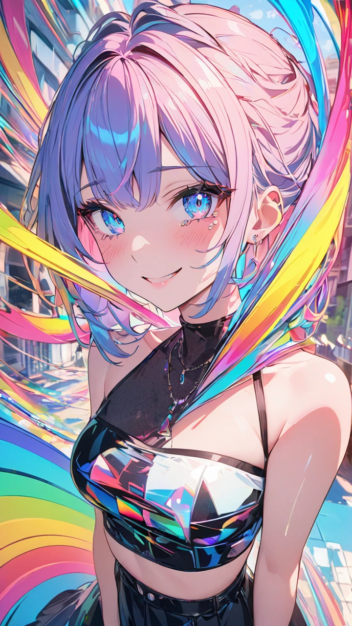Eyes that shine like jewels, Braid, ((White Hair)), Anime Girls,Punk Fashion,Punk Makeup, ((Grin)), (:1.3),((Upward glance:1.3, Perfect Eyes , The rainbow shines、Eyes with very fine irises:1.3, Gradient Eye:1, Beautiful details:1, Symmetrical eyes:1, Big Eye Highlights:1.3)), blush, (Open your mouth), anger,In a psychedelic room, (White skin: 1.5, Sunburned skin, White skin, very White skin, Bright body), Psychic Tranceのイラスト, Psychic Trance, psychedelic art style, Neon Color Theme, (((masterpiece))), (Complex), 8K, Highest quality, (Visual Strength: 1.5),
(((liquid paint hair:1.1))) ,(((Neon colored hair :1.5))), ((I drew、Defying Gravity,Strong current),(Paint splashes:1.3), (Shiny Hair: 1.3), (Bright colors), Embarrassing,Centered,Scale to fit,Three-part method, A body nicely covered in paint on a multicolored background, Colorful Themes, Splash Paint Regeneration, Beautiful light, Colorful light particles,High contrast in clothing, Color Splash, Colored walls, Complex 詳細, Exposure Blending, High resolution, (Graffiti art)