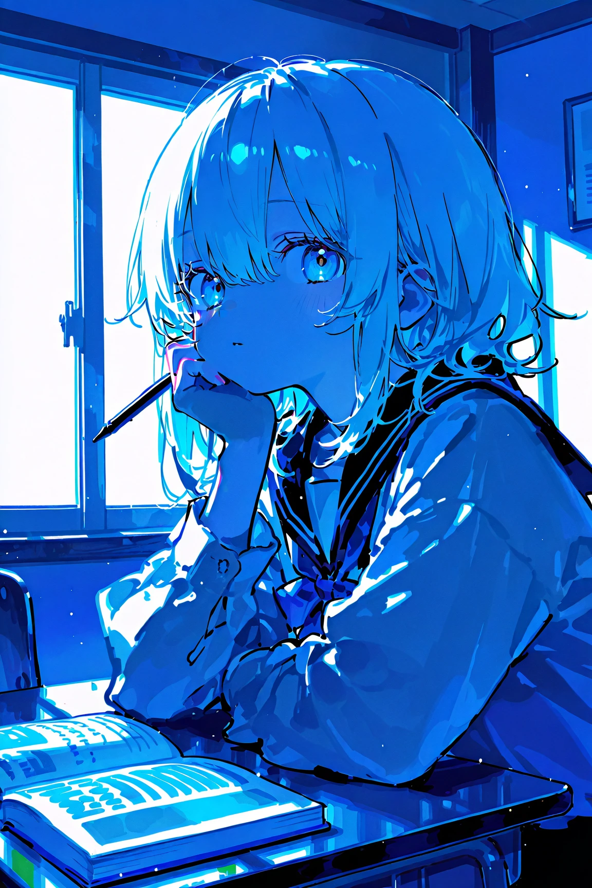 (((1 person　Gray Hair　Holding a pen　classroom　Chair　sit)))　((High resolution　short hair　tie　Black Skirt　Rin々Funny face　))　((student　blue eyes　Close-up))　((Blue Butterfly　night　学校のclassroom　Shining Aura　sit　Catch the wind　Looking at the moon outside))　(smile　Bathed in light)　月night　moonlight　star　Shuriken　Shining Background　Shining Edge