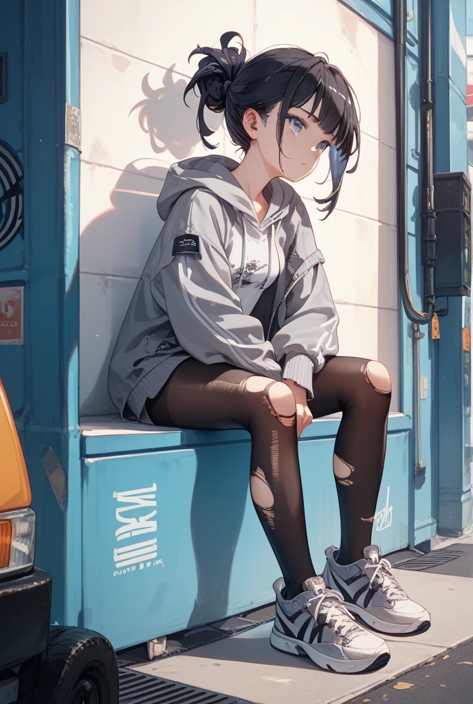 full body, delicate  features, medium , medium hair, black hair, tearful mole, earring, tracksuit, (sleeveless,  arms), shorts, outdoor,