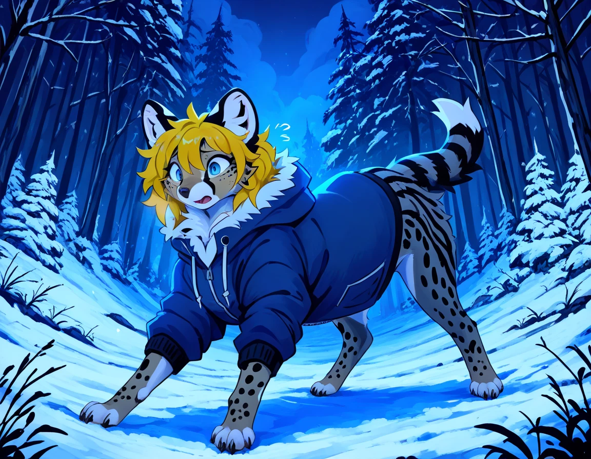 adult, feline, mammal, anthro, anthropomorphic, snow, leopard, striped_feline, fur, furred_anthro, fluffy_tail, femboy, male, bangs, ear_tufts, blue_nose, paws, hair_tuft, hair_between_eyes, long_tail, fluffy, feline_ears, expressive_eyes, purple hair, light, looking_at_viewer, legs, legs_visible, thighs, blue_paws, paws, blue_fur, shy, small_pupils, spotted_pattern, stripes, tail, tail_connected_to_body, tiger_stripes, digital_art, high_resolution, high_res, teal_blue_background fit, posing, laying_down