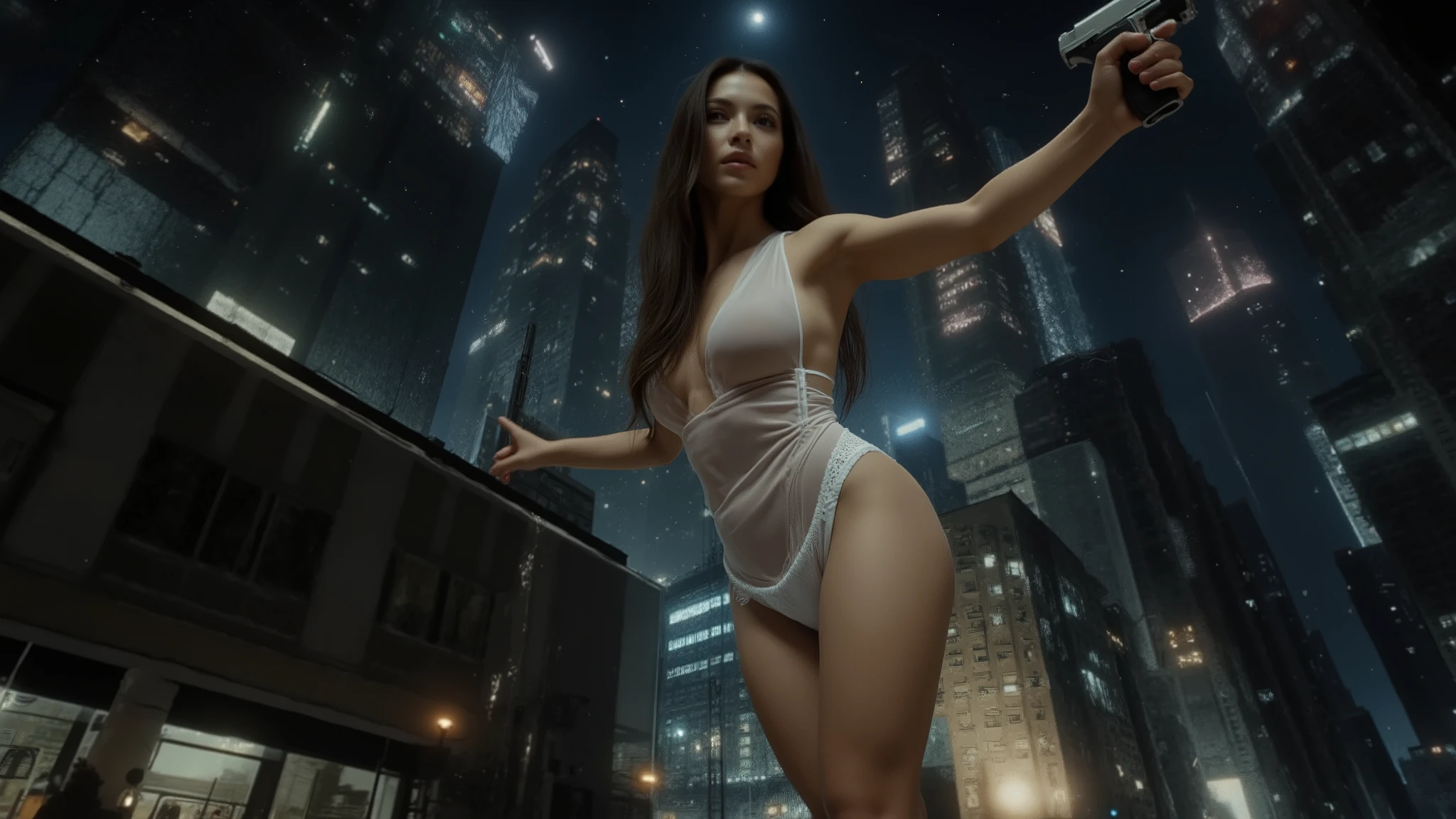 Better Quality,High range),Anne Hathaway,attractive appearance,Green Eyes,Smiling Lips,Passionate look,(()),Catwalk models((White ))barefoot, (Dynamic pose), Redhead, Athletic build, so beautiful, ((sexy, Small natural breasts, )),  (Highly detailed skin: 1.2), Serious face, Beautiful Face, Highly detailed skin, Skin pores, (Highly detailed face:1.1), (Highly detailed eyes:1.1), Realistic pupils, The whole face turns red, Lip, (Perfect :1.1), (Perfect balance:1.1), (photograph:1.1), (photoRealistic:1.1), Volumetric lighting, Dynamic Lighting, True Shadow, (High resolution:1.1),  sharp focus, (Realistic, hyperRealistic:1.4), Complex, High detail, dramatic, Scattered under the water, wonderful, smash, sharp, 35mm, 8K, (((Night photograph, Gotham City Background)