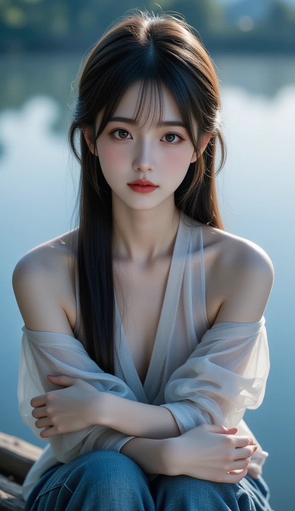 best quality, masterpiece, Ultra-high resolution, (Reality:1.4), RAW photos, 1 Girl, Off-shoulder, in the darkness, Deep Shadows, Low profile, Cold Light, Delicate skin