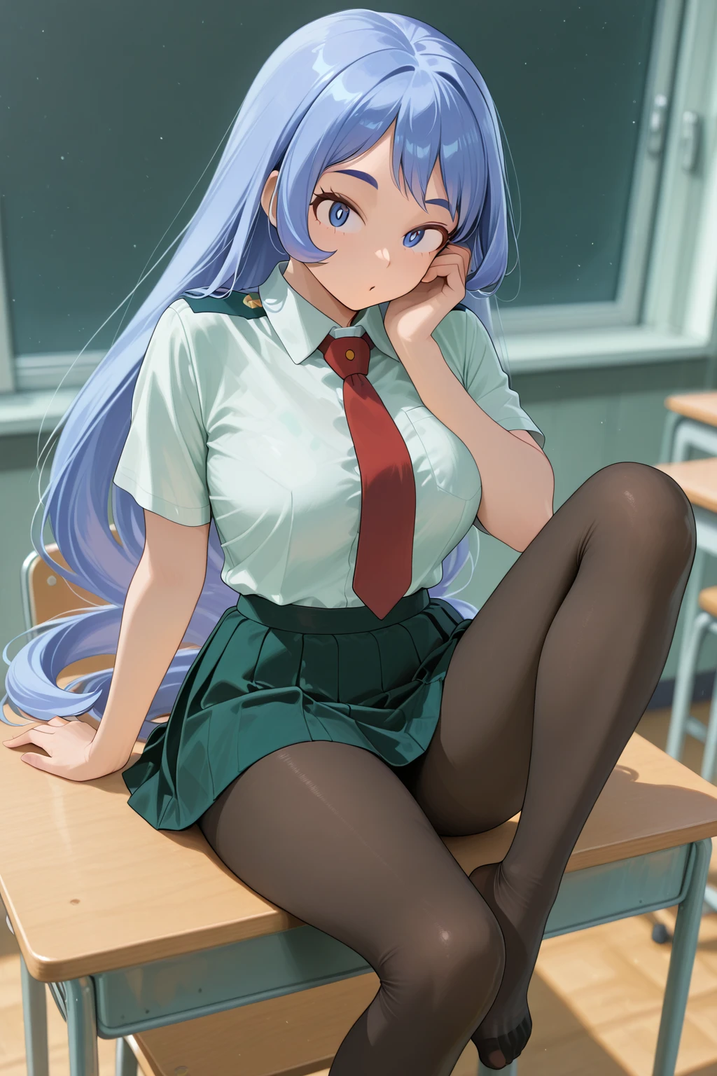 ((1girl)),((alone)), nejire hadou,(masterpiece), (best quality), (ultra detailed), (best illustration), (best shadow), (absurdities), sharp focus, cowboy shot , looking at the viewer, big breasts, narrow waist, wide hips, medium thighs, round butt, dynamic posture, green hair, blush, blue eyes, blue hair, long hair, big breasts, u.a. , gray vest, tight vest, red tie, collared shirt, white shirt, tight shirt, short sleeves, green skirt, short skirt, tight skirt, (black socks: 1.2), brown loafers: 1.1,  smile, closed mouth, (sexy pose: 1.2), alone, standing: 1.3, interior, school, classroom, desks, window, sunset, looking forward, ((focus on breasts)), pov (from middle), red blush, perfect , perfect hands