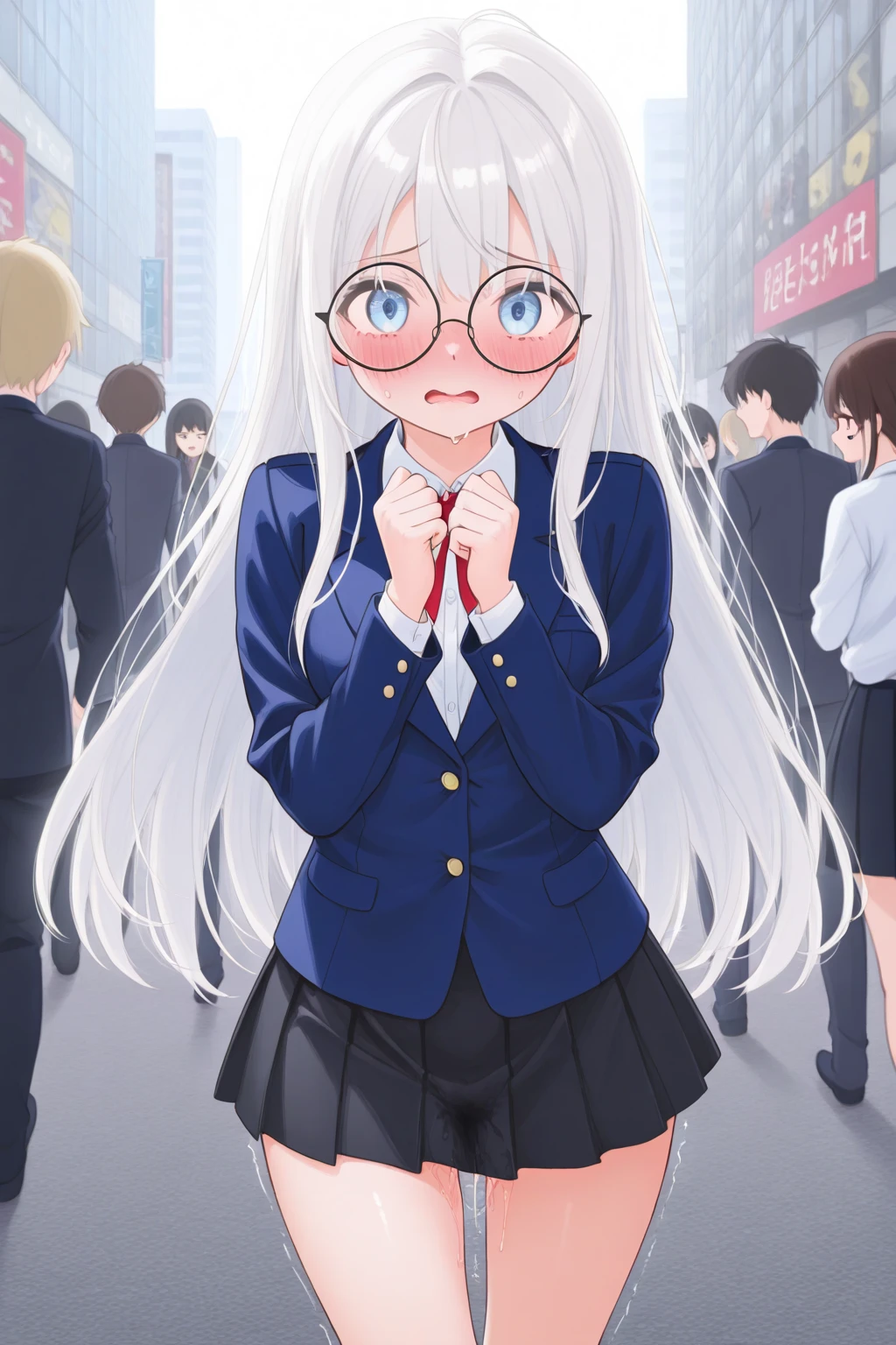 Crowded train、One pretty woman、Many passengers、Best image quality、High resolution、masterpiece、super high quality、Lori、Girl ,Silver Hair, Bright Blue Eyes, Mid-chest,Red bow tie, Dark blue pleated skirt, Long sleeve shirt, Dark Blue Vest、Blushing、4K quality、Reached 、、Heavy breathing、From directly below、From directly below、1 personの女の子, Raise your arms, 1 person, {{{The guy put his hand on the girl's crotch}}}, Inside the train, Crowded, Crying face、（Affirmative prompts）
(1 Girl)++, (masterpiece)+++, (Highest quality)+++, (Super cute)+++, , (Roll up your shirt), Out of place  ,arched back, Crowded train,  (Many men standing behind a girl )++, Dynamic pose, Dynamic hand movements, (Grab your chest)+++, A man grabs a woman's arm , (Hands frying), (Floating Hand), (Grab ),