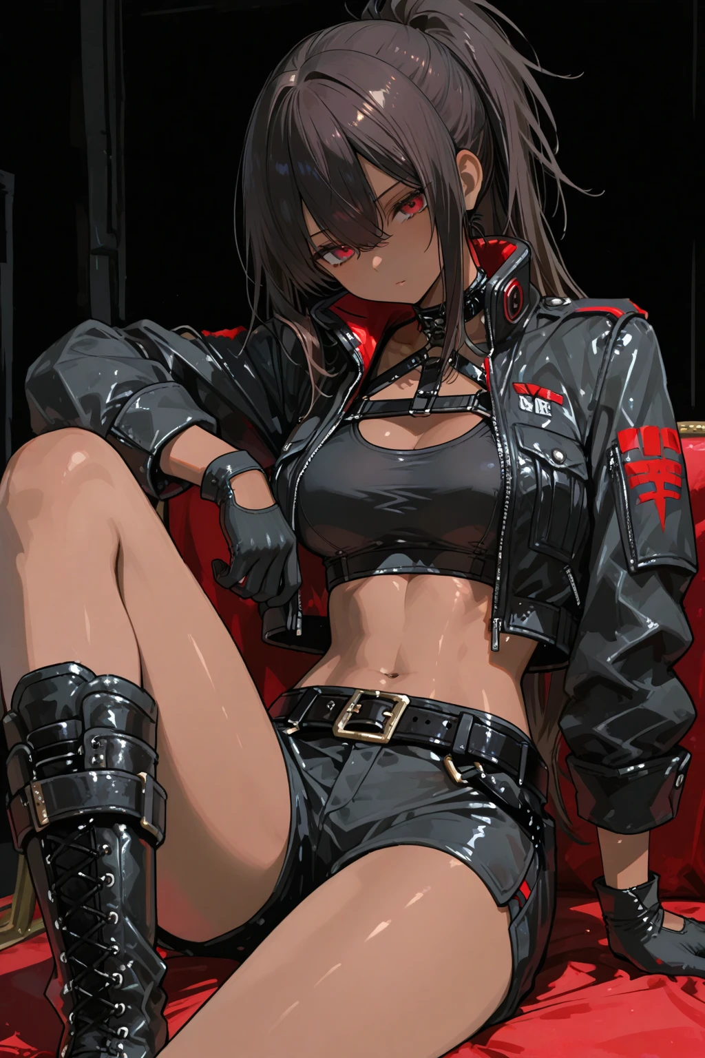 young girl, Long black hair in two ponytails, pink eyes, punk, leather jacket, , open belly, open breasts, Masterpiece, hiquality