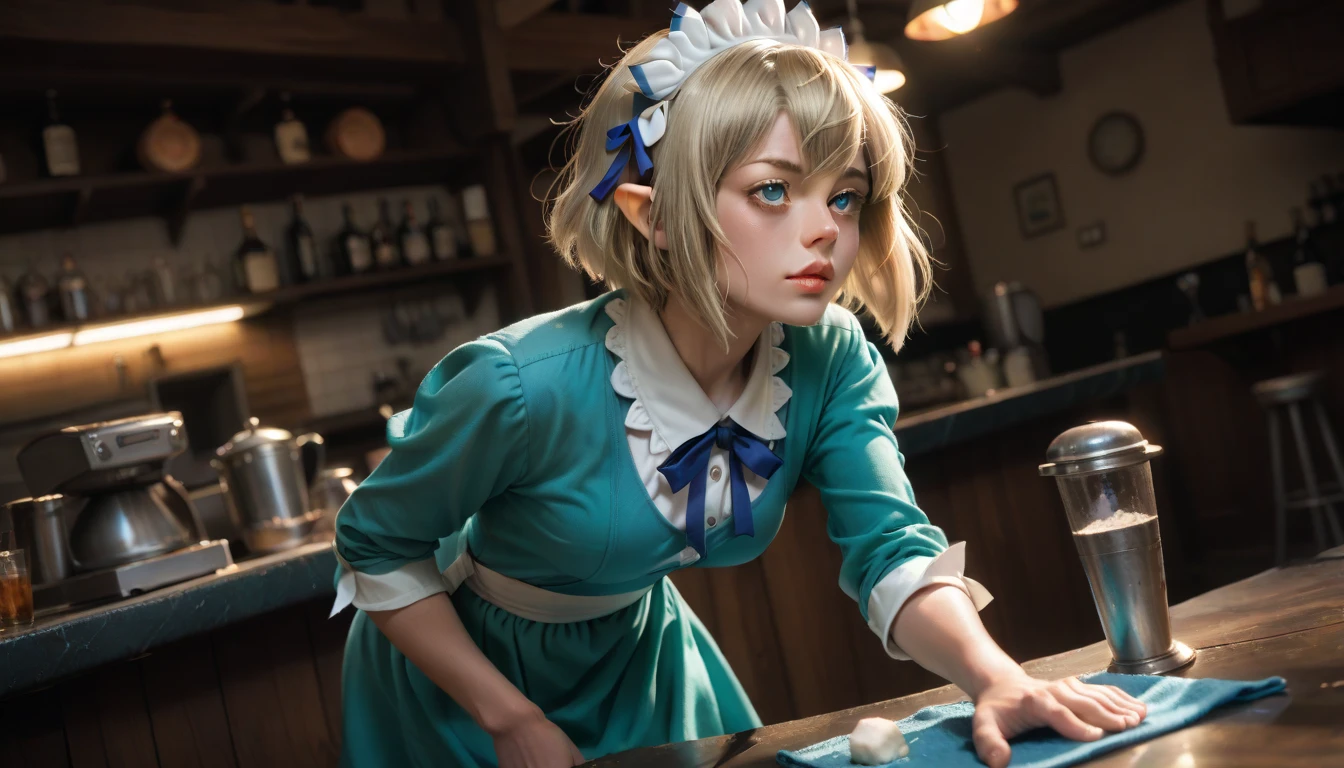 degenerate girl, big tits , asymmetrical face, blue eyes, Blonde, short hair, curvy barista, , monkey apron only,  perfect detailed 12k, cafe and bar, With lights ,gothic makeup 