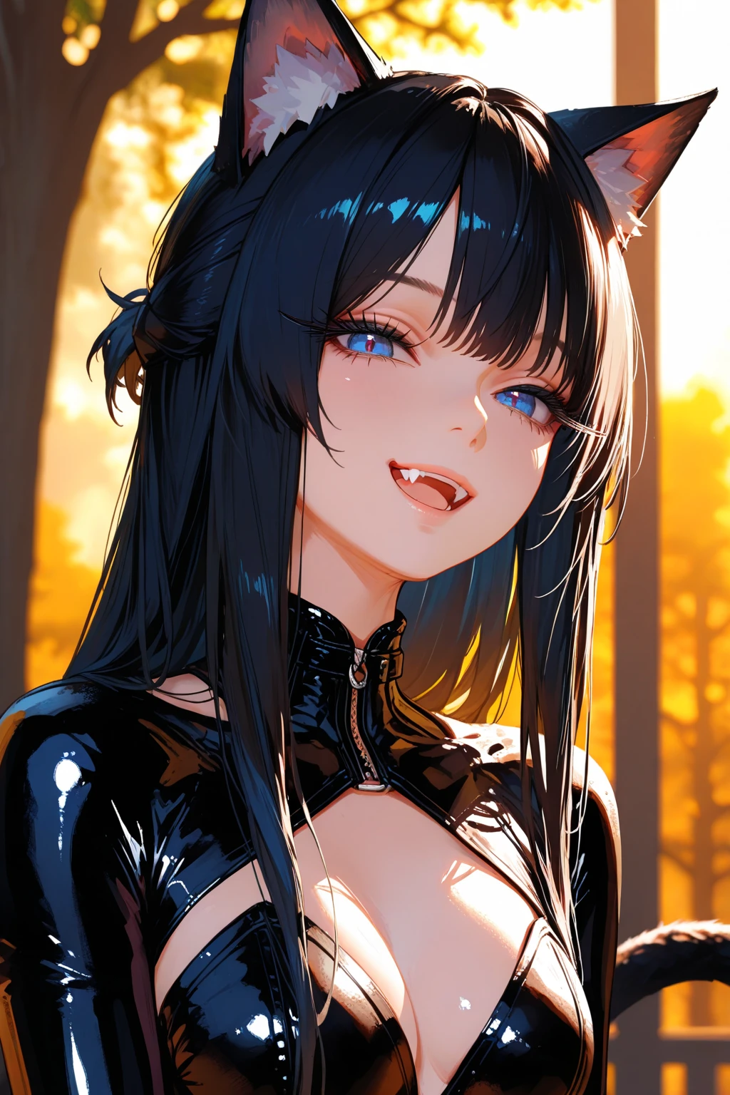 a cat woman with freckles, dark brown eyes, and an upturned nose, she is very happy, she has long wavy hair, black hair, wearing aviator sunglasses with clear lenses in a soft watercolor style. The girl's clothes must be in pink, purple, and blue in celebration of the bisexual, with stains of ink and watercolor mixing and filling the scene. There should be a subtle, nuanced change in colors using the impasto technique with gouache paint. There should be a light rain in the watercolor painting with a little watercolor paper texture and a pastel background.