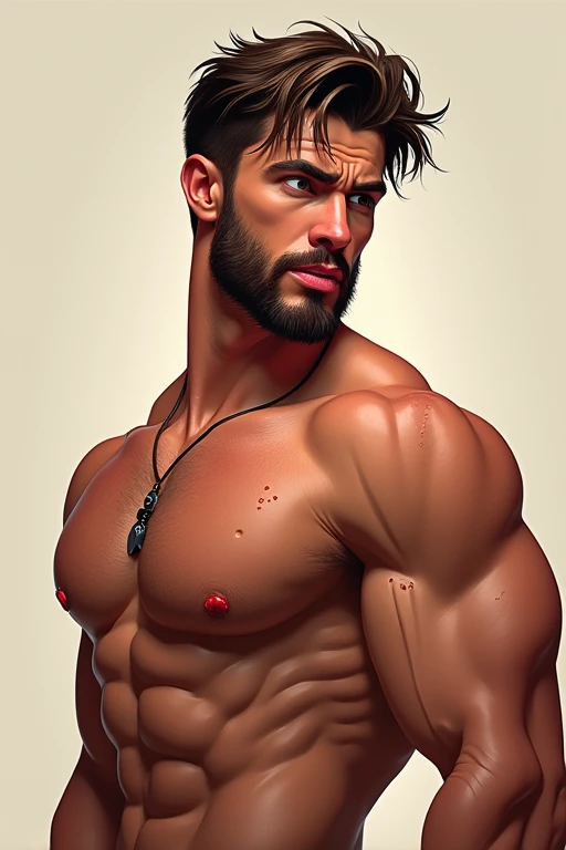 tanned man, cupid mouth and reddish, Straight Nose, eyes in bright purple color, defined jaw, straight eyebrows, defined body without beard and mustache 