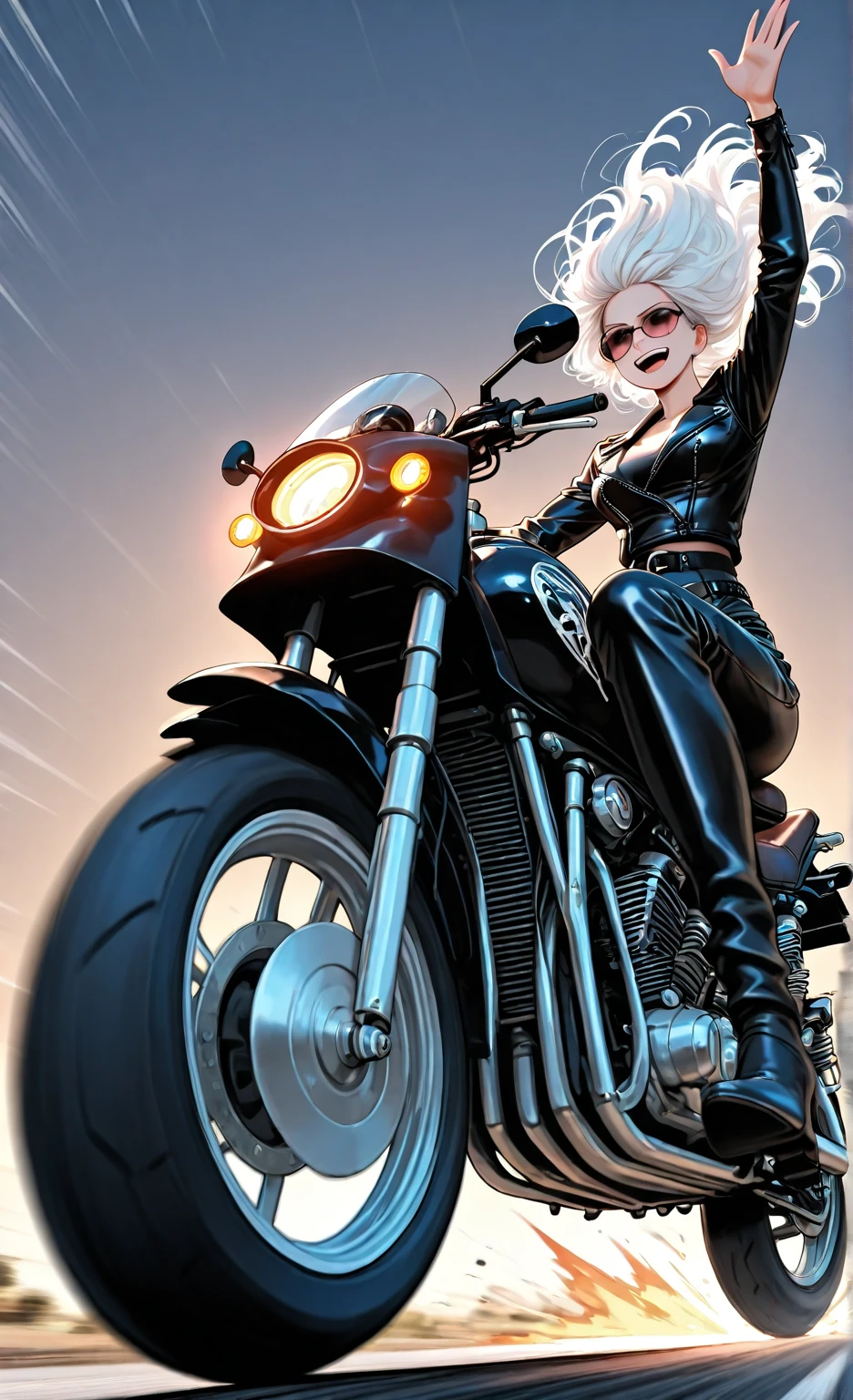 A digitally 3d rendered image of a female character with long wavy blonde hair tied in two ponytails. She is wearing a black dress, black lace gloves, and black ankle boots. The female character is sitting confidently on a detailed motorcycle. The motorcycle has a design featuring roses and the word 'LINDA' written on it. The background is neutral.