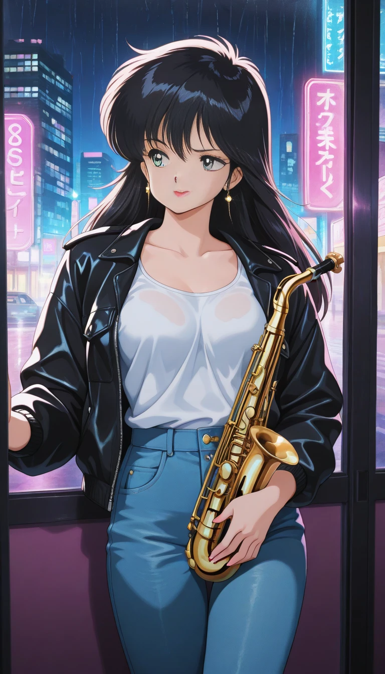 (((wide angle shot, full body))), A girl in a cool black suit plays the saxophone, jazz music, she funny mood, close eyes, Art, Retro, Cartoon Collage, little black cat on sholder, tokyo city night background, neon light, detailed background, Anime Style