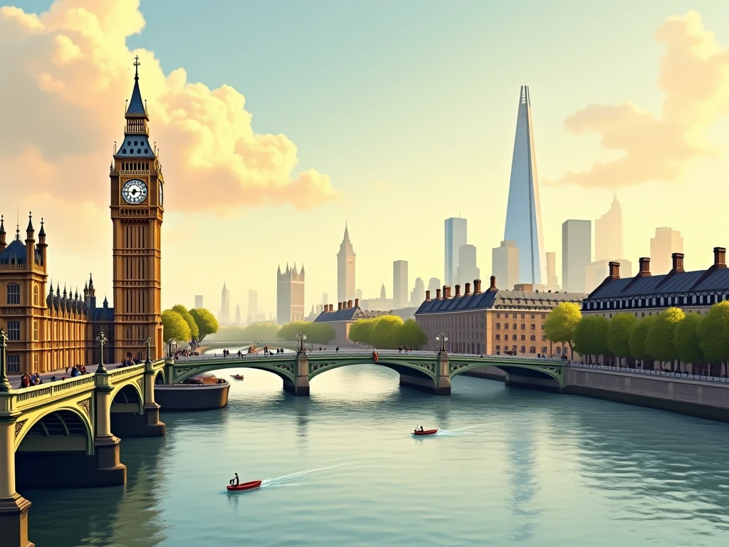 Streets of the Thames in Victorian London, England，There is a hot air balloon floating at the height of the roof，There is a child sitting inside