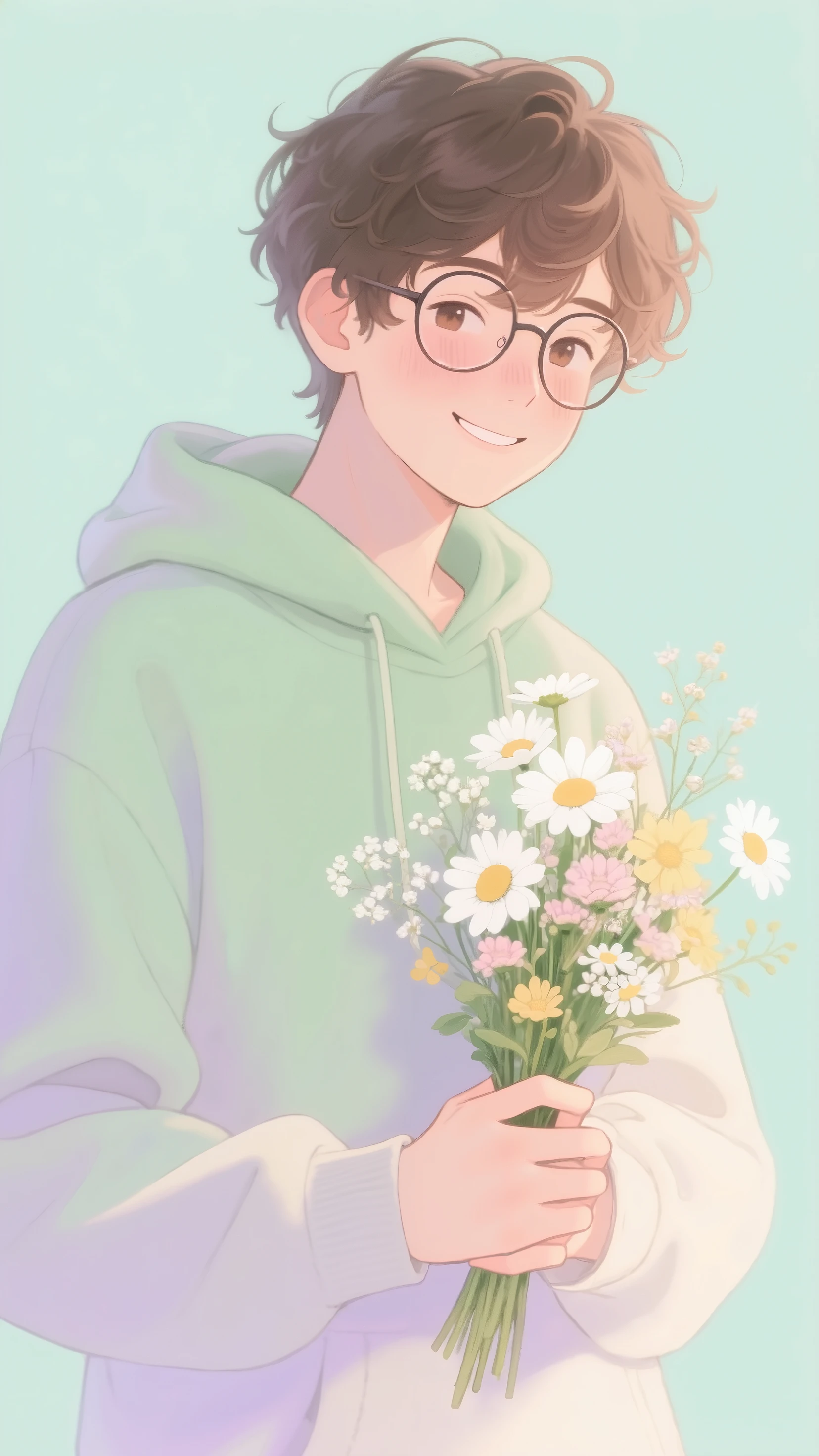 Japanese anime, beautiful young man, dark hair, bowl cut, round glasses, holding a very large bouquet of flowers, colorful bouquet, embarrassed expression, yellow sweater,