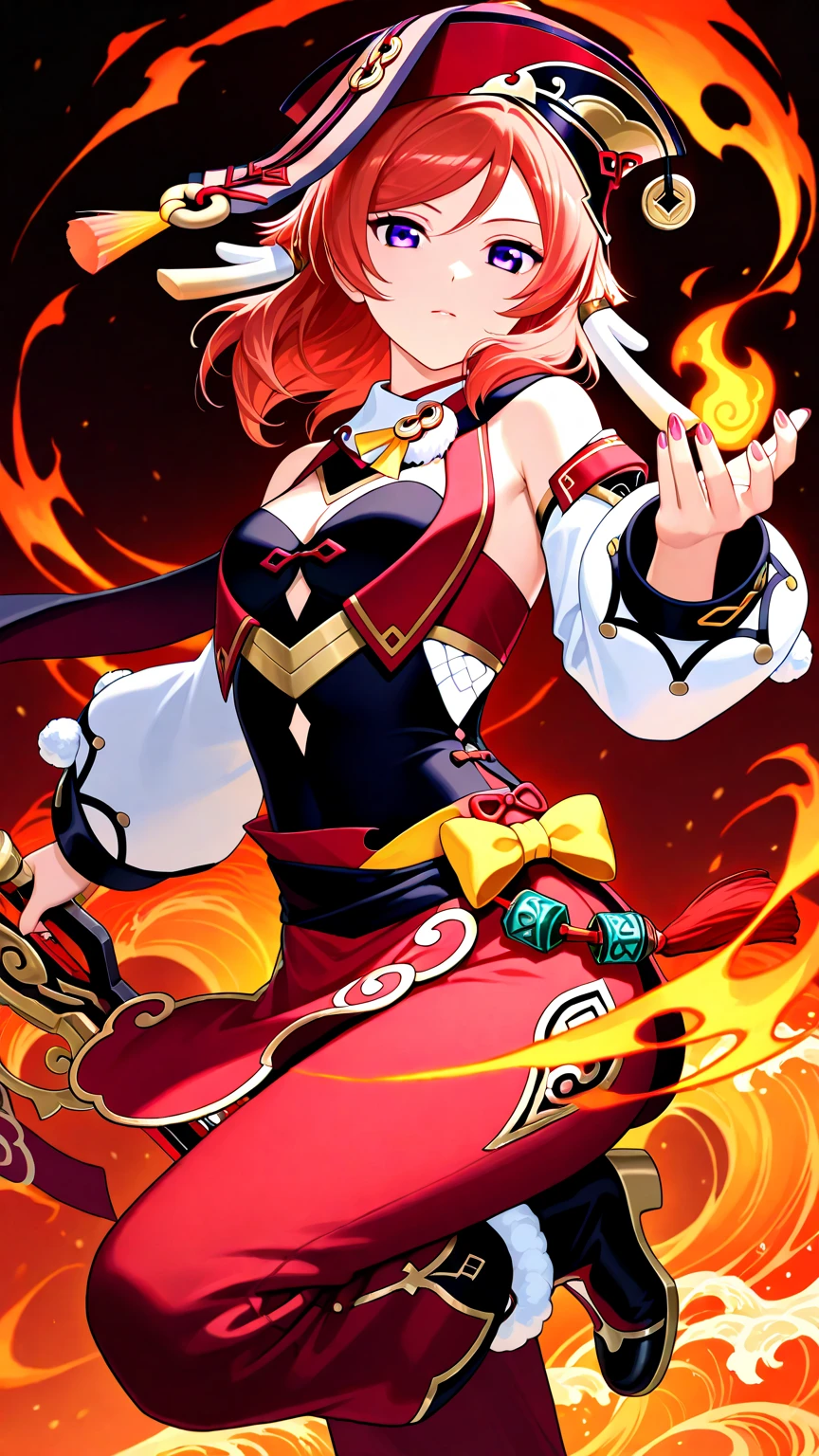 Girl, big , red hair, long hair, ponytails,fire magic girl