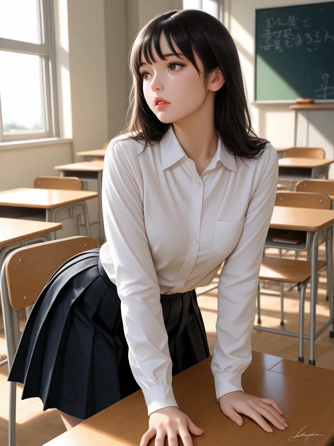 absurdres, RAW photo, extremely delicate and beautiful, masterpiece, Best Quality, ultra high resolution, 32k, hyperrealistic, ultra-detailed, perfect , super Detailed skin, perfect figure, Super Beauty, Perfect Style, Perfect balance, Beautiful Lighting, Perfect Lightning, Realistic Shadows, 20 years old, very Slim body, narrow waist, very small head, very small face, delicate  features, handsome detailed woman, very detailed eyes and face, realistic face proportions, Realistic beautiful face, Realistic beautiful eyes, tearful mole, earring, very huge round , legs, medium hair, whole body shot, indoor, school_uniform, dress shirt, pleated skirt, 