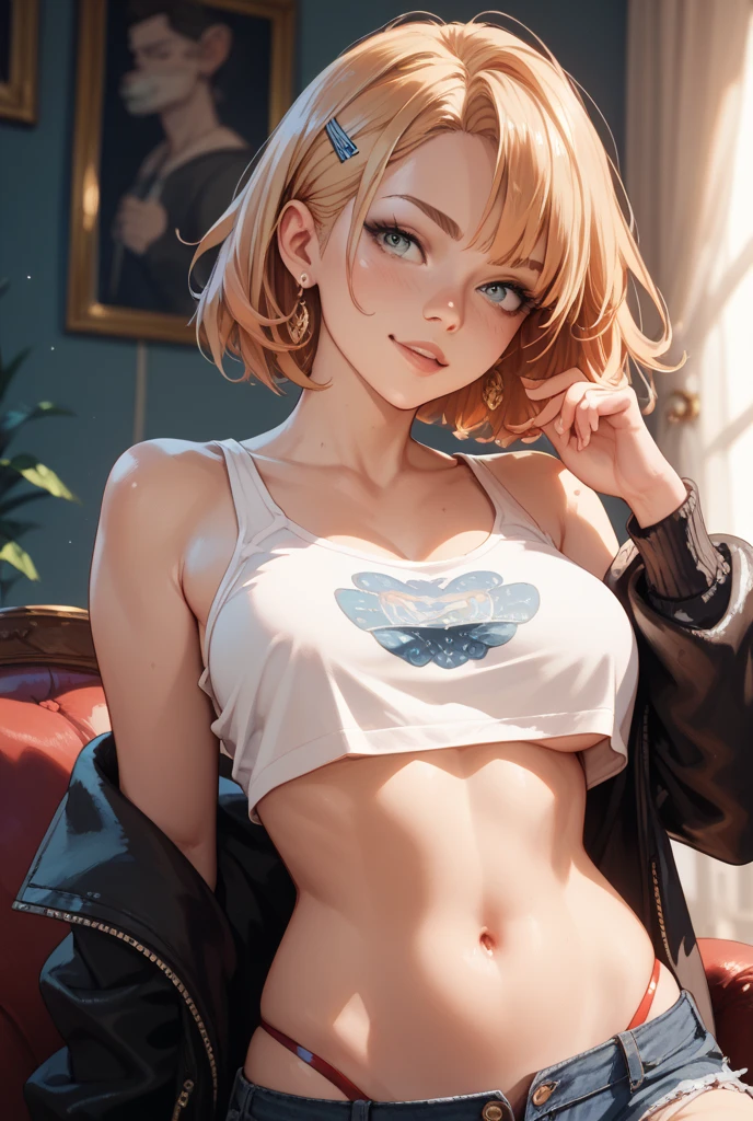 solo、 1 woman 、Beauty、Blonde、 bob hair、 straight、Sideburns、 Center-Parted Bangs、 expressive hair 、Silky Hair、 round eyes、 blue eyes、Shining Eyes、Eye Reflexes、 textured skin、 small 、 slim、 denim shorts、 black leather jacket, Fits your body、 sparkling earrings 、 choker 、 super high resolution 、 Ultra Fine、8K quality、 top quality 、 extremely detailed、 standing、whole body、crystal eyes, heterocromia,