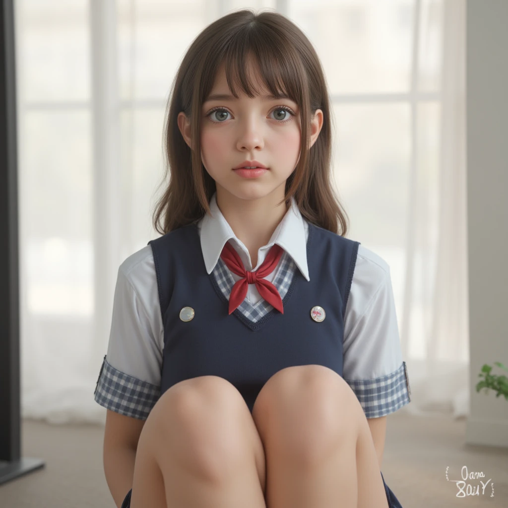 having a blue balloon , full body, real photo, 10 years old girl, twin tails, looking down at me, hot pants,