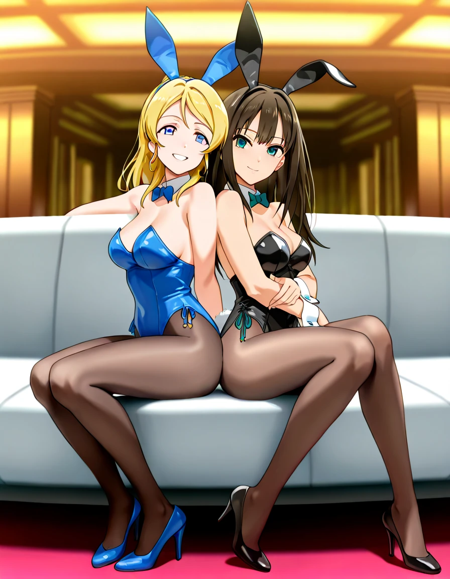 ((4girls))、bunny girl、white rabbit ears、wrist cuffs、black leotard、sagging breast、(、Mature Woman:1.3)、Black fishnet stockings、garter belt、blue_archive、{{{Karin the Horned Shield、black skin、Yellow Eyes、Black Hair、long hair、Black bunny suit}}}、{{{Ichinose Asuna、Blonde、long hair、hair over one eye、Light blue bunny suit}}}、{{{Ganyu Ako、Light blue hair、Short Hair、Light blue eyes、Light blue bunny suit}}}、{{{Hasumi Hakawa、Black Hair、long hair、Black Eyes、White bunny suit}}}、Halo、casino、casino、casinoテーブル、Black high heels