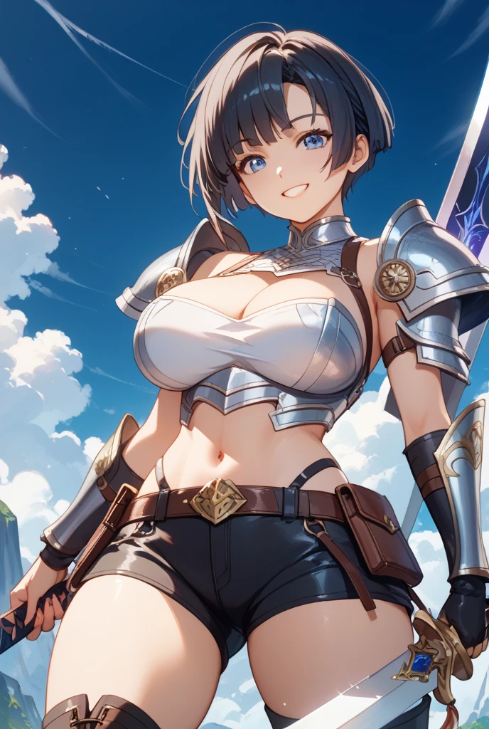 full body,masterpiece, high details, high quality, best quality, anatomically correct, masterpiece, textured skin, super detail,ultra-detailed, best quality, extremely detailed, 8k, high res, realistic, 1girl, 18yo, beautiful girl, (half closed eyes),(narrowed eyes:1.2),(open mouth), (blush:1.2),BREAK,(armor,navel :1.8),blue beautiful eyes, (dark blue medium bob hair,asymmetrical parted bangs:1.6),BREAK,(voluptuous bust:1.5),(Gaunt , thin waist:1.3),white background, 