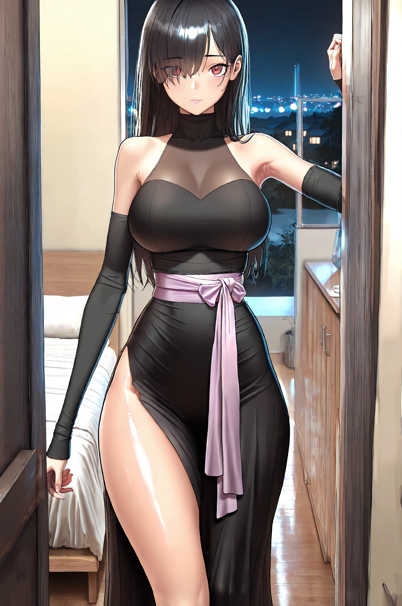 obra-prima, melhor qualidade, mulher, (((de baixo))), (pose sedutora), olhando para o espectador, pisando no espectador louca, solo, 1girl, hinata, dress black, piscada sedutora, quadris largos, bunda, bunda grande, olhar para o espectador de cima, olhar dominante, olhar penetrante, ??????, mature