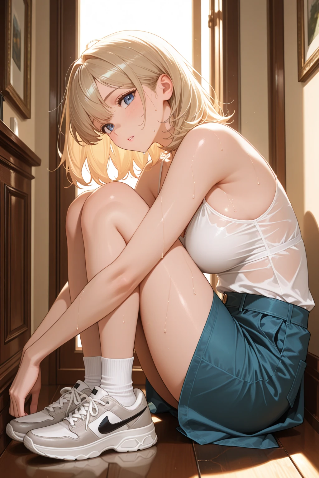 (Highest quality、4K、8k、High resolution、masterpiece:1.2)、Very detailed、(anime、Daydreaming、anime的:1.3)、blonde、Pixie Cut、Japanese、Full body photo、Plump、Spread your  shirt))、Sagging breasts、slightly flabby belly、()、(Put your hands behind your head)、(((Squatting Deep Over )))、Inserting a  into the 