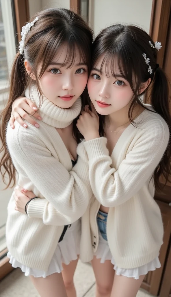 (2young girls),  (Ultra realistic), (warm long sleeve sweater, woolen scarf:1.3),  upper body,  caute smile,  (best quality:1.4),  Raw photo,  (realistic,  photo-realistic:1.37),  professional photography,  cinematic light, outdoors, snowy,