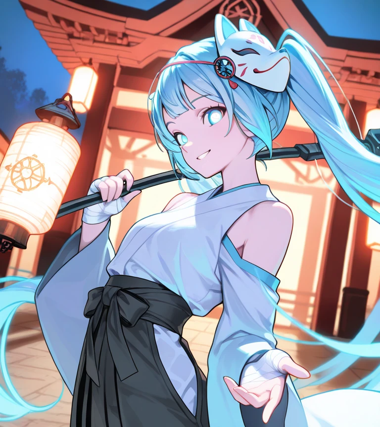 (masterpiece, best quality:1.2), 1girl, 独奏,Wolf girl, fox mask, ninja, girl, long white hair, Blue and green odd eyes, blue kimono, ninja girl, red and blue scarf,Dancing Cherry Blossoms,Full moon backlighting, light coming in, fantastic atmosphere.night、Shadows of light and darkness、 armpits and chest、Flying shurikens、Eyes glowing in the dark、Black fox mask、Fisheye Lens、Expansive starry sky、long hair that spreads、Looking up from afar、Overlooking the city from atop a large cherry tree、 armpits and chest、