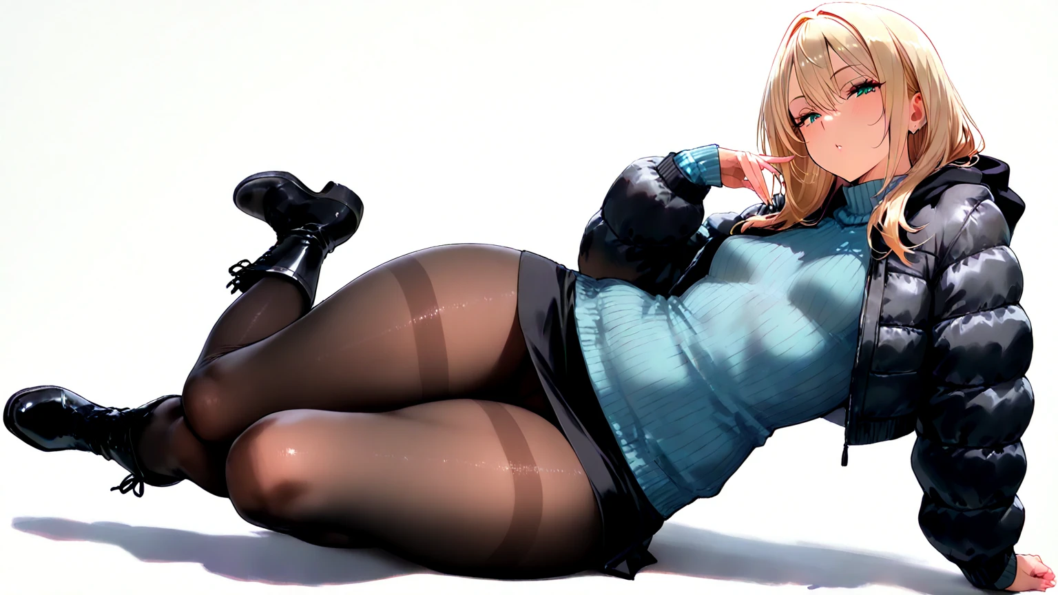 Samus Aran, blue eyes, blonde hair, long hair, ponytail, stunning proportions, white background, extremely detailed, full body shot, blue clothes, skirt, heels, thighhighs 