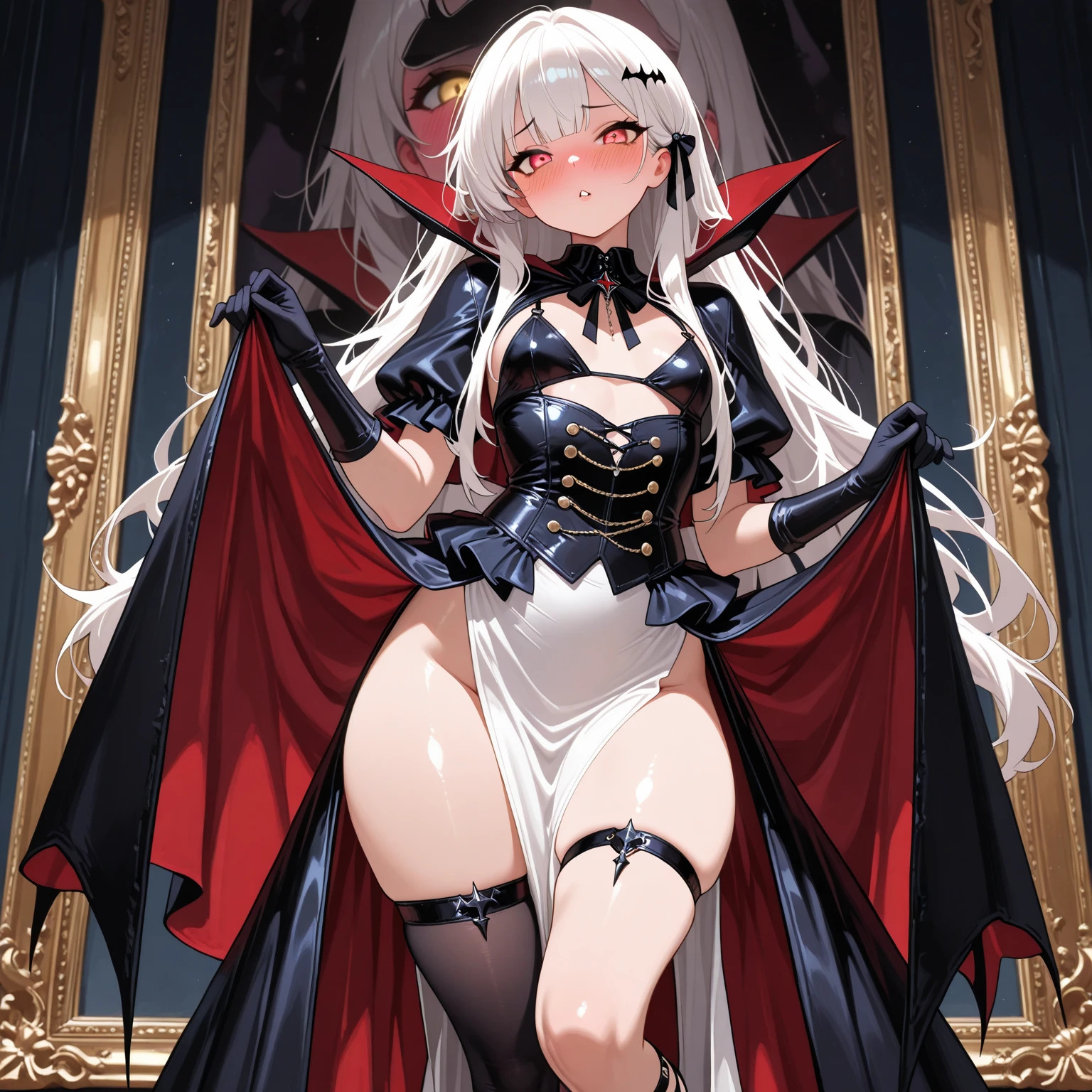 (Estilo Aschenhardt:1.4), Obra-prima, Melhor Qualidade, Alta Qualidade,(Dark shapeless creature with dark red glow and red eyes and surrounded by darkness:1.2), (darkeness:1.2), Abstraction, Mar profundo, Fotografia premiada, Profundidade de campo, HDR, Muito detalhado, Trend in art stations, trend in CGSociety, Complexo, Alto detalhe,(Obra-prima:1.2, Melhor Qualidade), (best ilumination, Muito Delicado e Belo),  (best ilumination, muito delicada e bonita), (belo rosto detalhado), (olhos detalhados e rosto detalhado:1.2), fantasia escura, (menina, pequena besta, 1girl, solo, Lying on the floor, pool of blood, sorriso louco, pale skin gray hair, olhos vermelhos brilhantes, dinamic angle, vampiro), get demons to be summoned, Magic thunder, pointy_ears, presas, demon wings, demon horns, sangue no rosto, chuva de sangue, blood mist, (profundidade de campo), alto contraste, (respingo de sangue: 1.4), tiro de cowboy, corpo inteiro, Black lace up thigh boots, grito, sacrifice, Magnificent stage