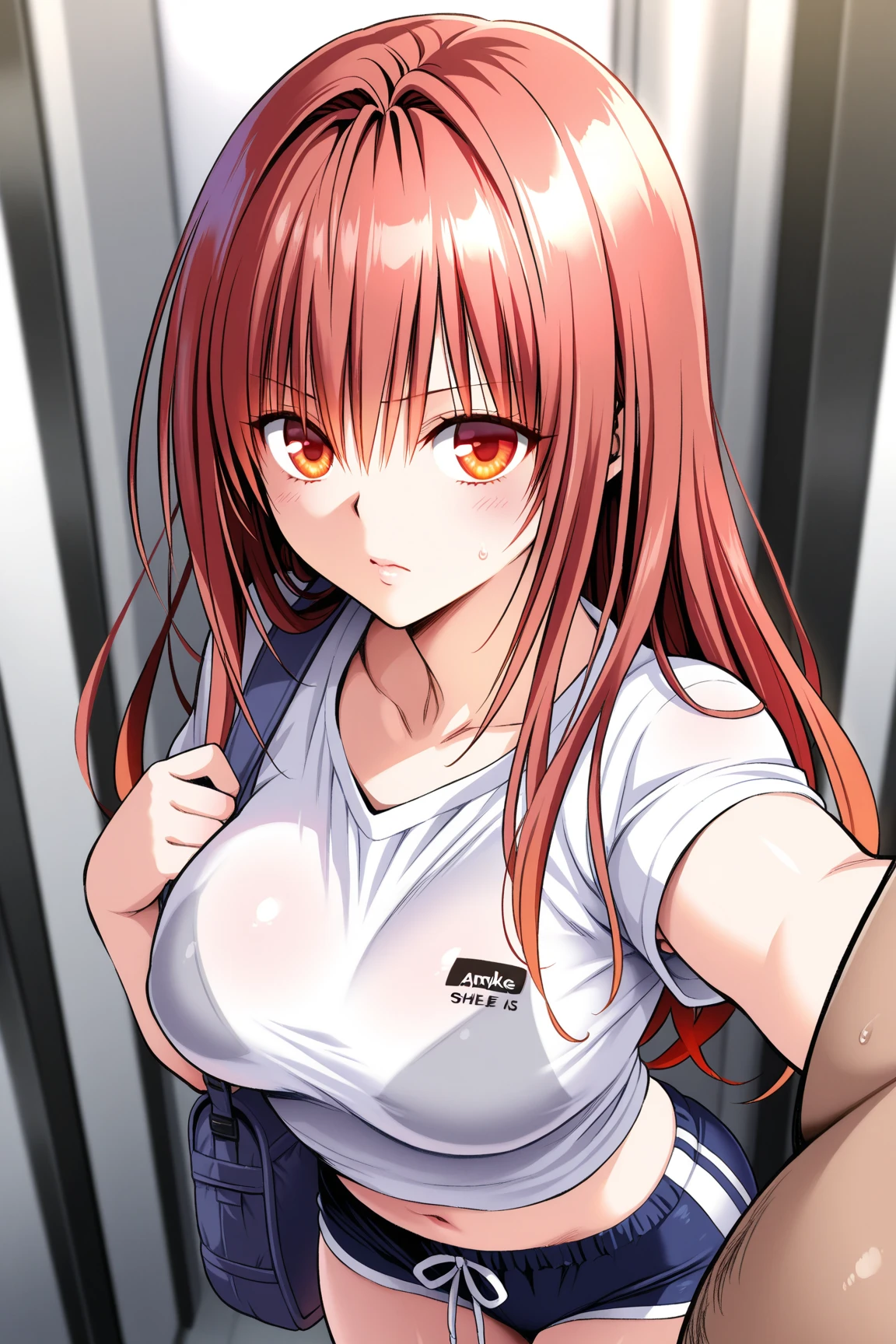 (( highest quality, High resolution, nffsw, perfect pixel,  4k, nffsw, nffsw))), 1 girl, single, alone, Beautiful woman、I could see the whole body、 ((middle wave hair, bangs, redhead、Yellow headband、)), ((brown eyes, beautiful eyelashes, realistic eyes)), ((detailed face, blush:1.2)), ((smooth texture:0.75, realistic texture:0.65, realistic:1.1, Anime CG style)),troubled face、 big breasty whole body is sweaty)))), dynamic angle, perfect body,lean forward greatly、(butt exposure.、open your legs、Cover your chest with your hands)、