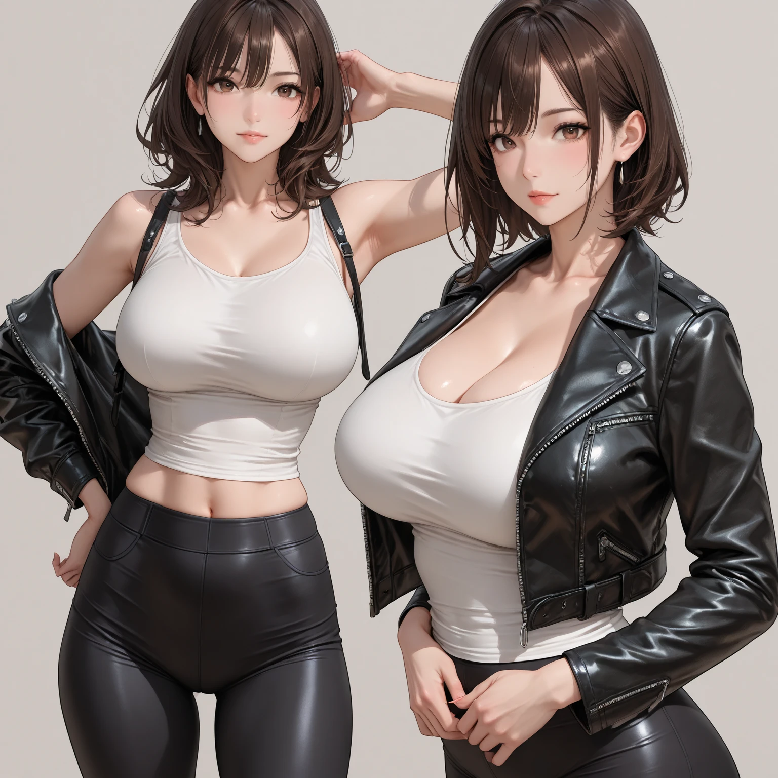 A beautiful adult woman with shoulder-length ???????????, beautiful legs, and a sharp face is facing off against a middle-aged man in a suit wearing a black tube top that exposes her navel and hot pants shaped like black panties.。