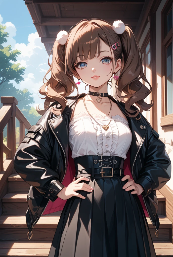 surreal main light brown hair, curly hair, ponytail, very long hair, aqua eyes, smile, Romanticism, cinematic lighting, uhd, masterpiece, anatomically correct beautiful girl wearing a handsome black long windbreaker, black denim shorts, baseball cap, sunglasses and long leather boots.Tall and bright, detailed texture description presents meaning