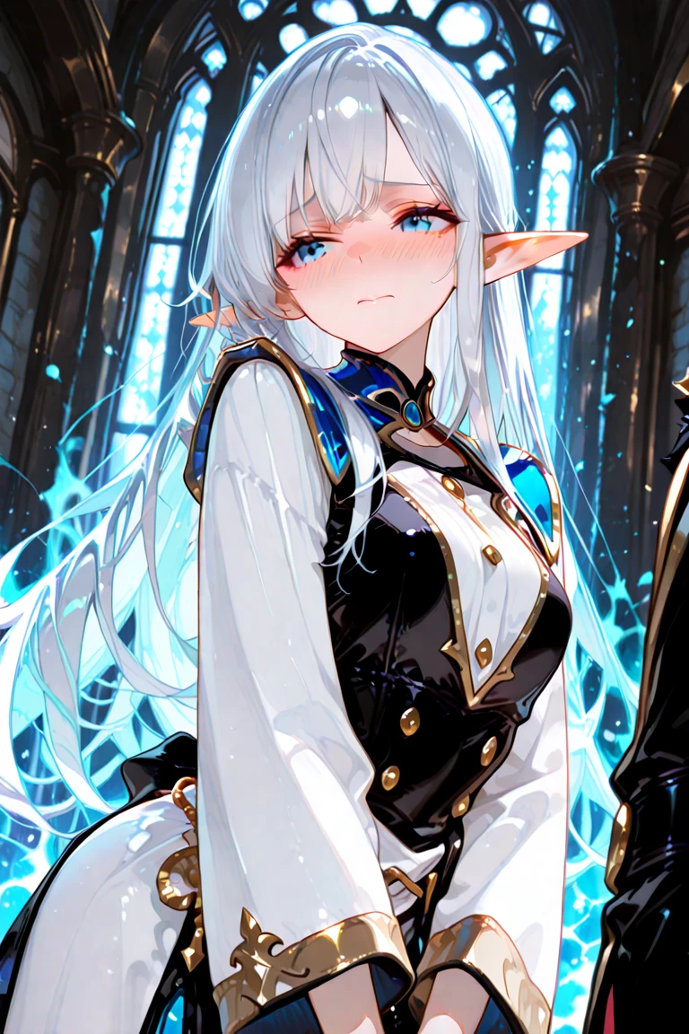 Twin-tailed　White hair　sorcerer　girl
One、sorcerer、elvish、west
Bunching hair、Hair tied from side to side、Strands of hair、Hair bunched up to the left and right、Not a、
Upper body close-up, Druidic female elves,  Blue Eyes, Multiple Stitched Layer Cross Armor, Dark silk cloak, Complex thorn patterns, long white hair, Detailed face and eyes, Young Woman, Volumetric Lights, god rays, long elf ears, White silk costume, 
Cute twin-tailed girl、Twin tails divide on both sides of the head、Hair that is tight with rubber is smooth、bright white color。
​masterpiece、top-quality、supreme、Official Art、Beautifully Aesthetic、long exposure time:1.2、Smooth movement、Charming Patterns、1 girl in、Long Dress with Sleeves:1.3 White clothes、upper body closeup、Girls of the Middle Ages、portraitures、独奏、细致背景、A detailed face、Crystallized AI、Crystal theme:1.1、elemental wind elves、Rotating wind、White crystal clothes、Simple poses、particles floating、Ether dynamics、whirlwinds、White tone