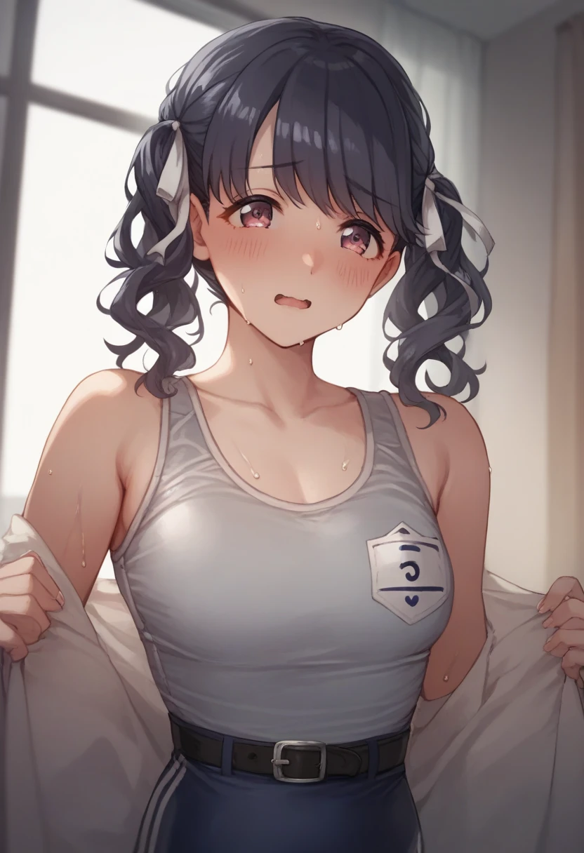 Highest quality,masterpiece,indoor,supermarket,Highest quality, (masterpiece:1.2), Very detailed, (masterpiece), (illustration),Are standing, (face focus),((upper body)), 1 Girl, Red eyes, Shine目,Long twin tails, brown hair, bangs, Shine, eyebrows visible through hair,((Plain white T-shirt)),((Plain blue skirt)), Flat ,shy, blush, (looking at viewer), Open your mouth,((shirt lift)),White sports , 1boy,hetero,Standing behind a woman, the , under clothes
