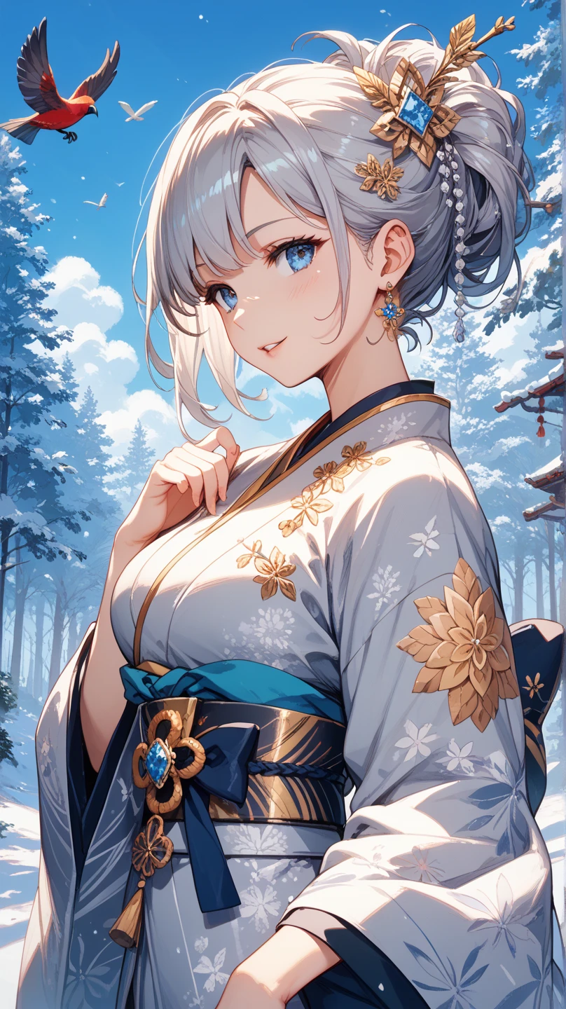 short white hair with white wolf ears, she has a short braided ponytail. She is wearing traditional finnish folk clothes from finland, its like sami clothing. She has a large greatsword on her with her and she is wearing long leather boots. Her body is muscular and strong, wide  and thick thighs. Now the sun is setting and its time to go home to a snowy village. She has orange eyes, her both eyes are orange.