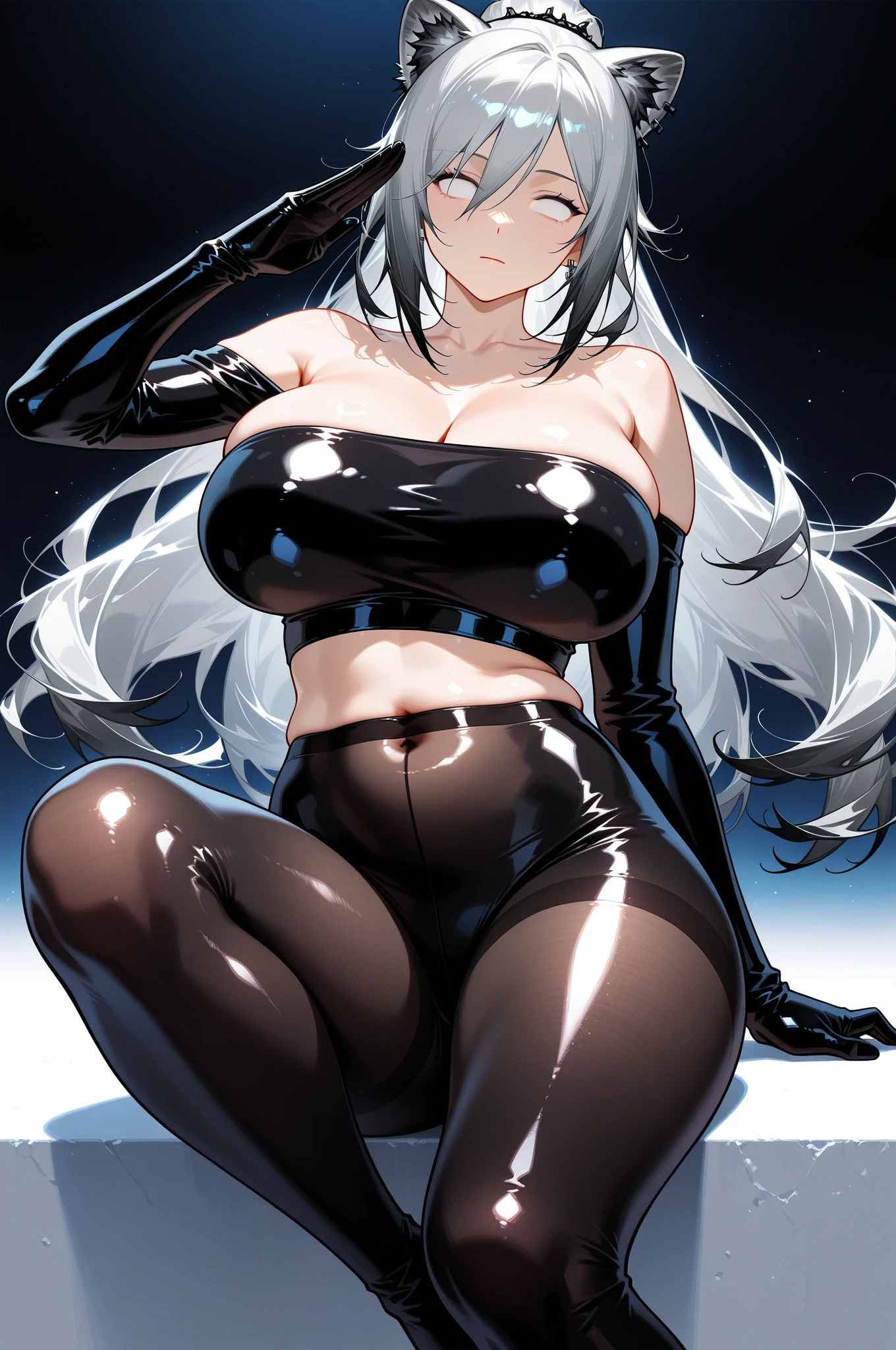 messy white hair,????, big ????, hot, big ???, big thighs, latex thigh high stockings, lenceria ????, with his tongue hanging out, ???? look, Perfect eyes, cara excited, tight clothes, neckline, marked ???????, excited, lying in bed, hot