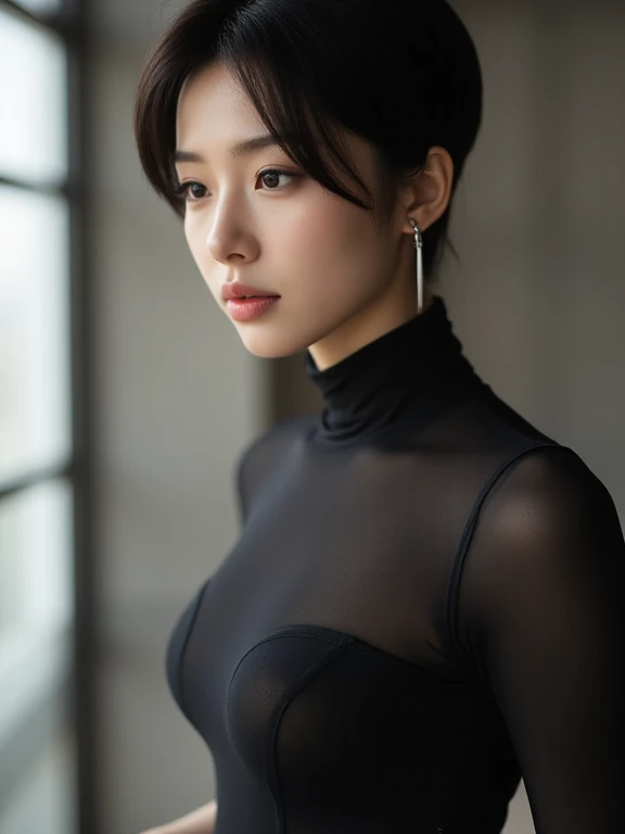 Tabletop, Highest quality, Realistic, Very detailed, finely, High resolution, 8k wallpaper, 1. Beautiful woman, One girl, Perfect lighting, Red hair,  Side Lighting, Detailed face, bangs, Light Skin, Simple dark background,suit