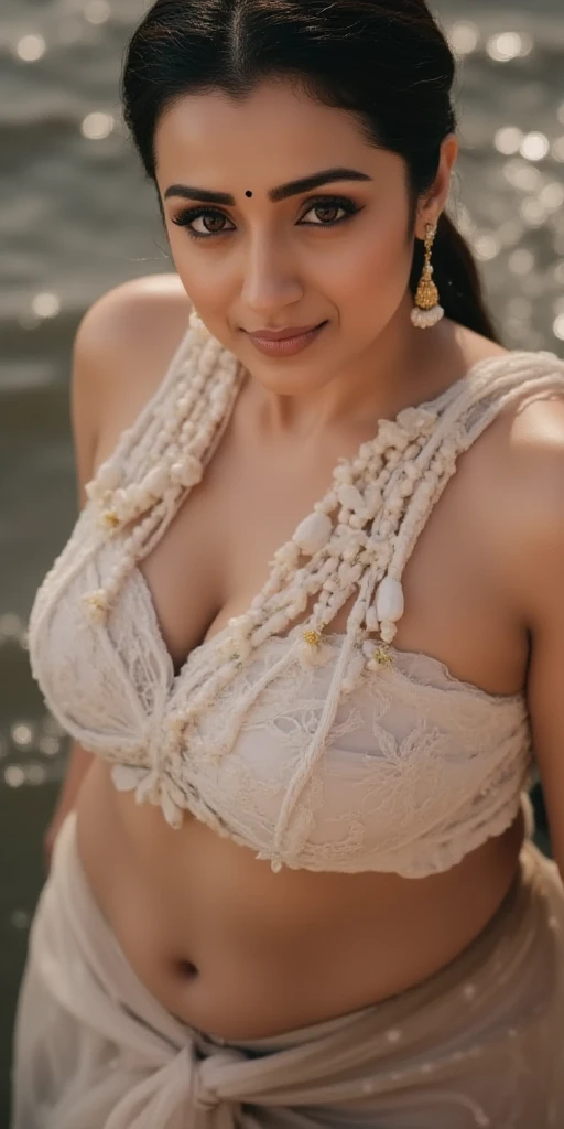 close up photo of 25 years old  kiara  pale white skin tone  dipping in river near waterfalls, hourglass figure, swooping ???????, deep cleavage, curvy, armpits, seductive eyes, looking in camera with tearful eyes and subtle smile, necklace, red lips, sultry, ponytail, 4K, HD she is wearing bra and pantie 