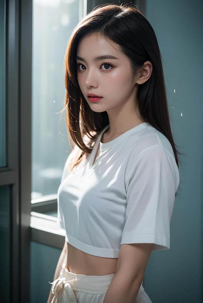 dressed, (photo realistic:1.4), (hyper realistic:1.4), (realistic:1.3), (smoother lighting:1.05), (increase cinematic lighting quality:0.9), 32K, 1girl,20yo girl, realistic lighting, backlighting, light on face, ray trace, (brightening light:1.2), (Increase quality:1.4), (best quality real texture skin:1.4), finely detailed eyes, finely detailed face, finely quality eyes, (tired and sleepy and satisfied:0.0), face closeup, t-shirts, (Increase body line mood:1.1), (Increase skin texture beauty:1.1)