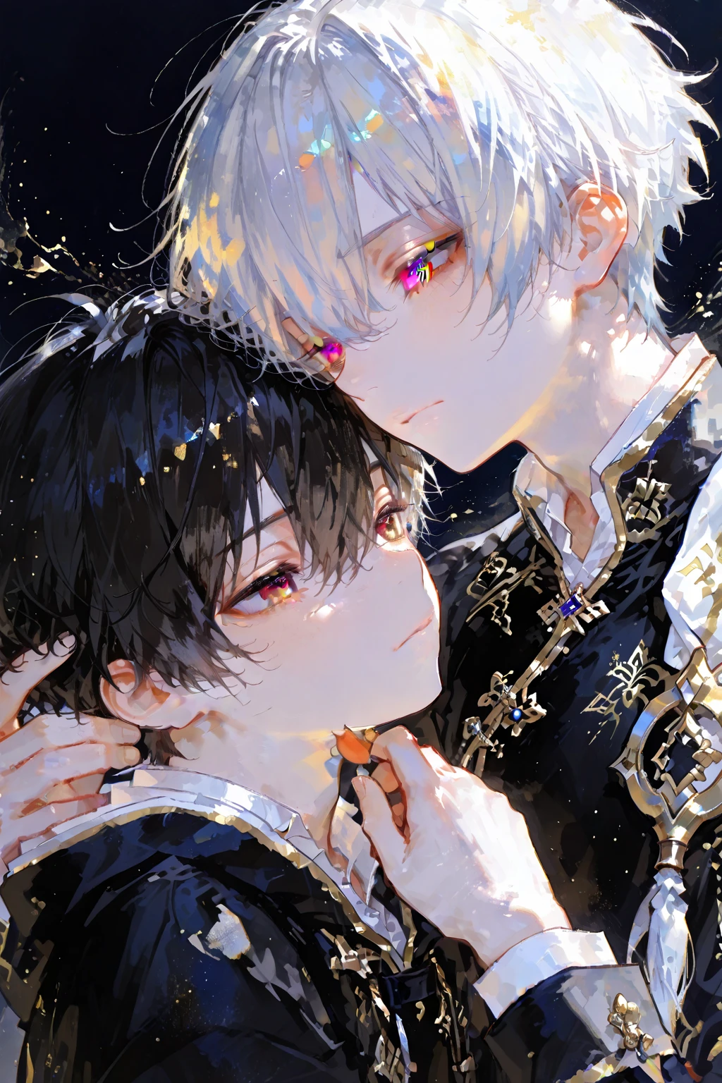 absurdres, highres, ultra detailed, HDR, master piece, best quality, extremely detailed face, delicated features, Xue Yu, untamed spiky hair, black hair, hair between the eyes, expressive red eyes, Thousand Years War, Gojou Satoru, white hair, messy hair, expressive blue eyes, white eyelashes, two sexy men together, gay couple, yaoi, handsome, manly man, black cape, red robes, white robes, accessories, patterns, fantasy, magical, blossoms, pink flowers, pink butterflies, magic, radiant, Jujutsu Kaisen