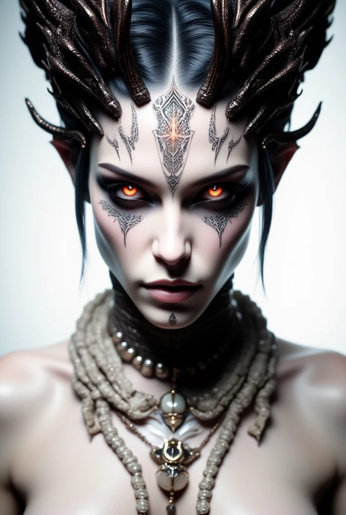 a grey skinned, tall woman with orange eyes, pointy ears, horns (lilith diablo 4), in a desert wearing tribal clothes, cinematic lighting, detailed face and body, highly detailed, photorealistic, masterpiece, octane render, 8k, sharp focus, intricate details, realistic skin texture, dramatic shadows, warm color palette, dramatic lighting