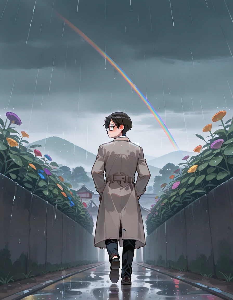 (best quality:0.9) a windy and rainy night, 1boy, yellow, white suit, black pants, holding a red umbrella, walking with his back to the camera,